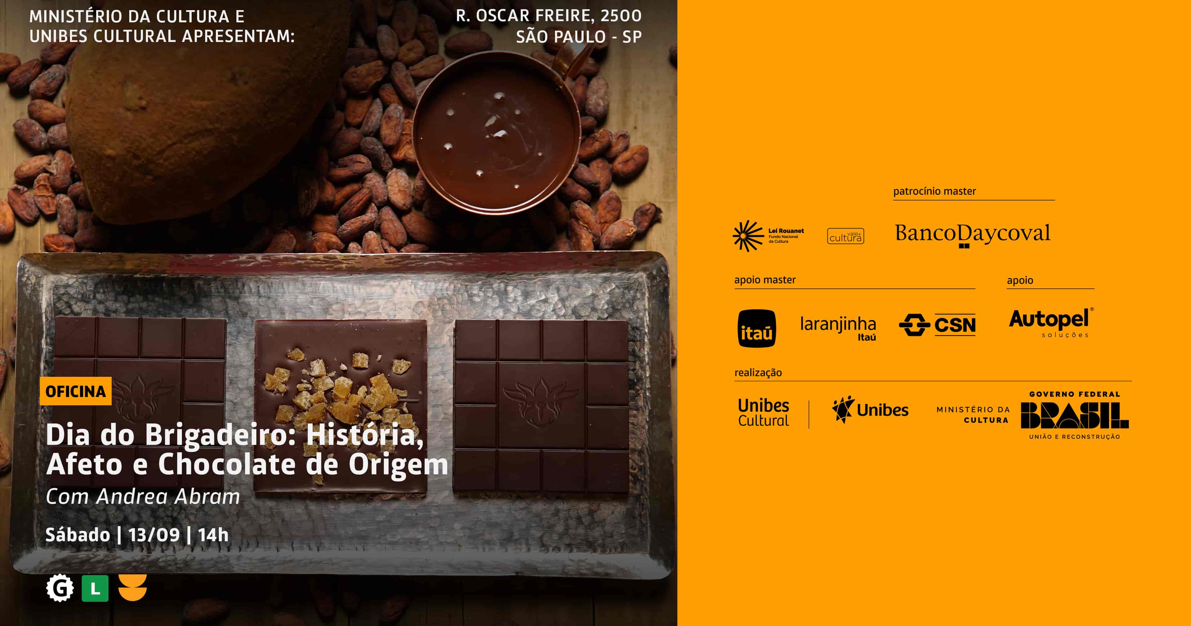 Banner do evento Oficina Dia do Brigadeiro: História, Afeto e Chocolate de Origem
