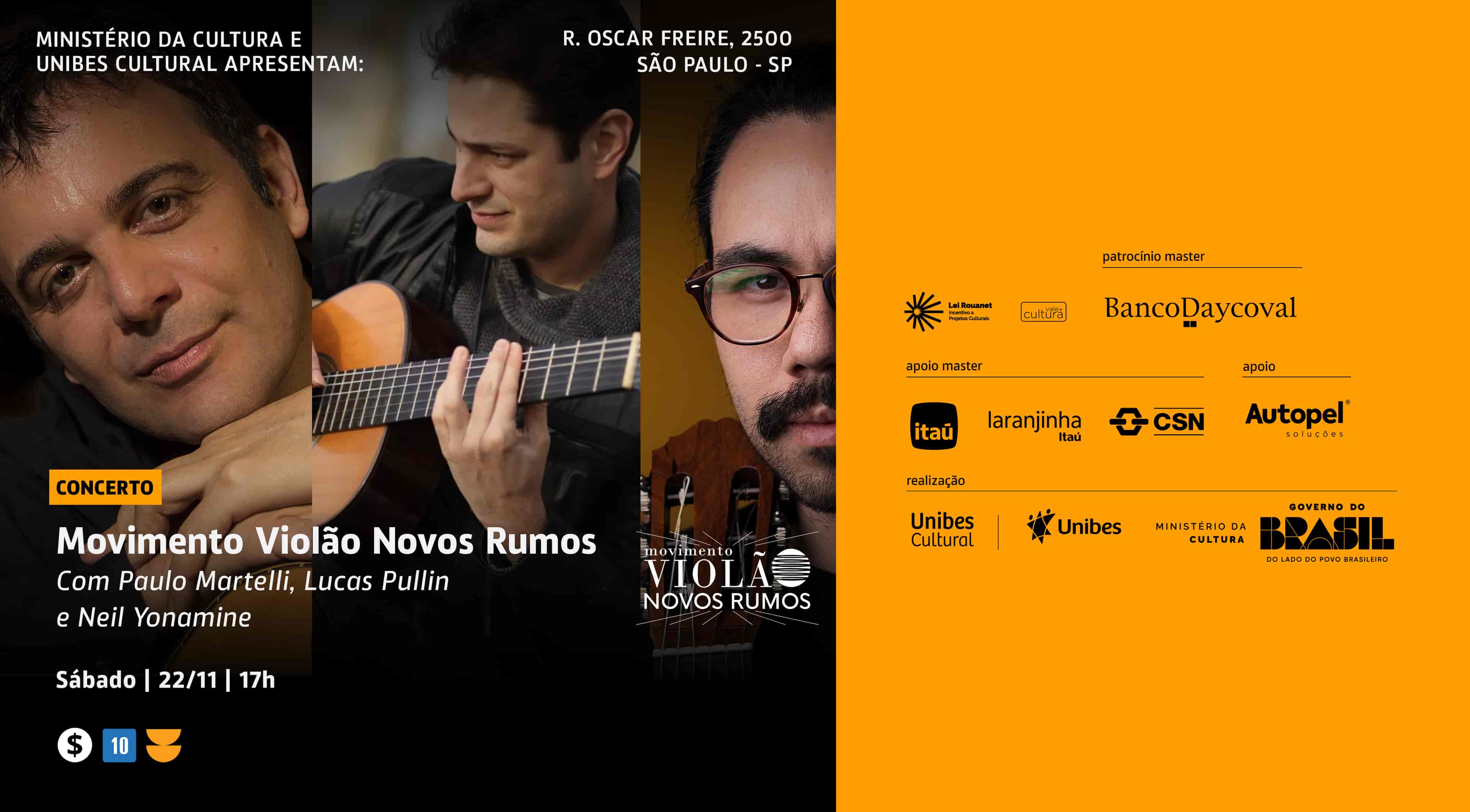 Imagem do evento Show Movimento Violão Novos Rumos com Paulo Martelli, Lucas Pullin e Neil Yonamine