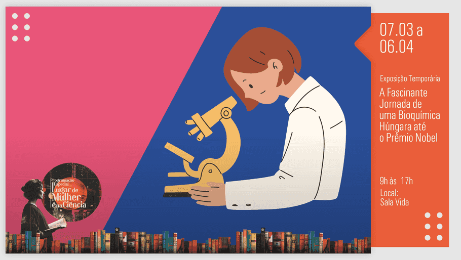 Banner do evento Exposição temporária: A FASCINANTE JORNADA DE UMA BIOQUÍMICA HÚNGARA ATÉ O PRÊMIO NOBEL