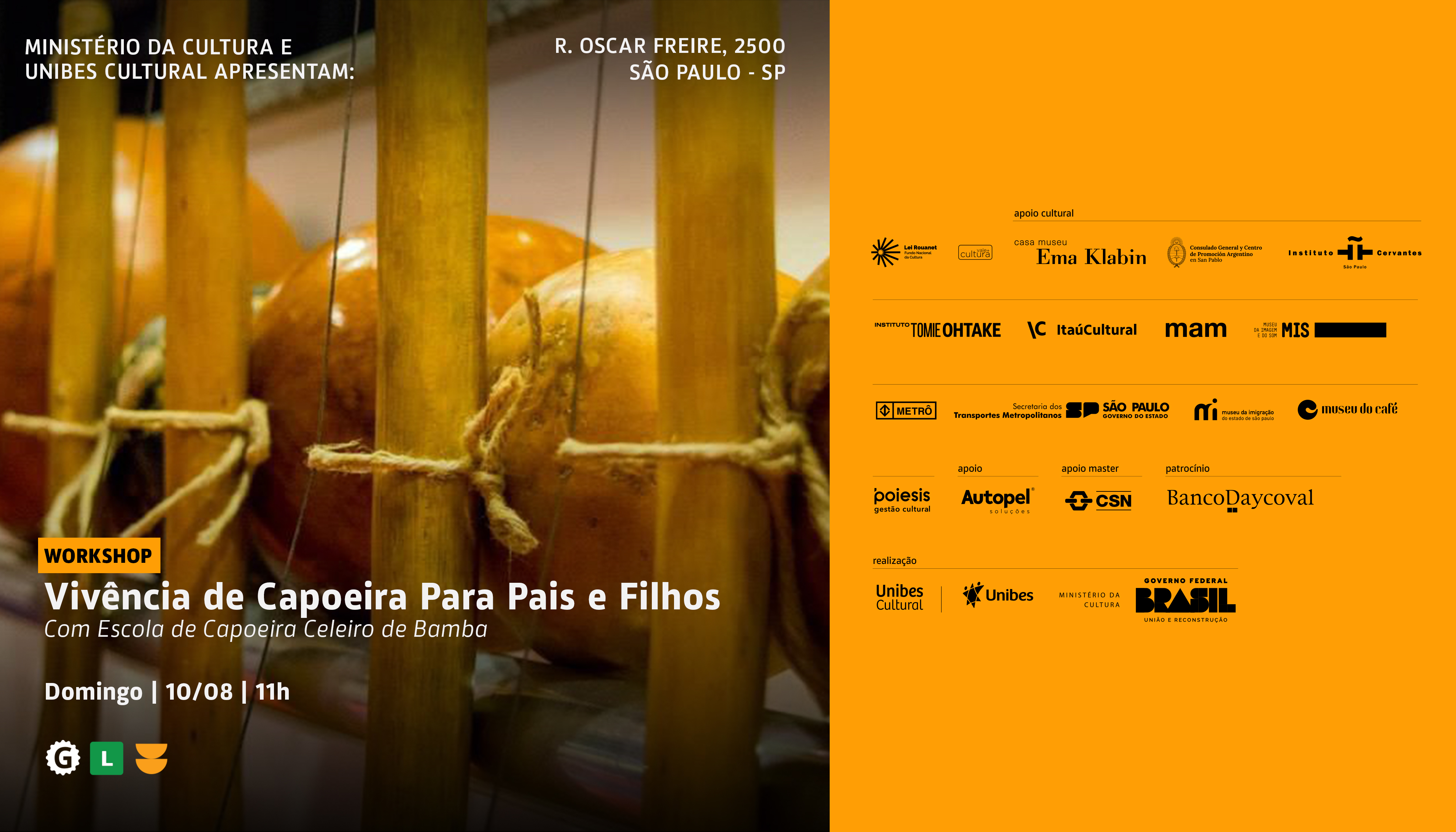 Banner do evento Vivência de capoeira para pais e filhos com Escola de Capoeira Celeiro de Bamba