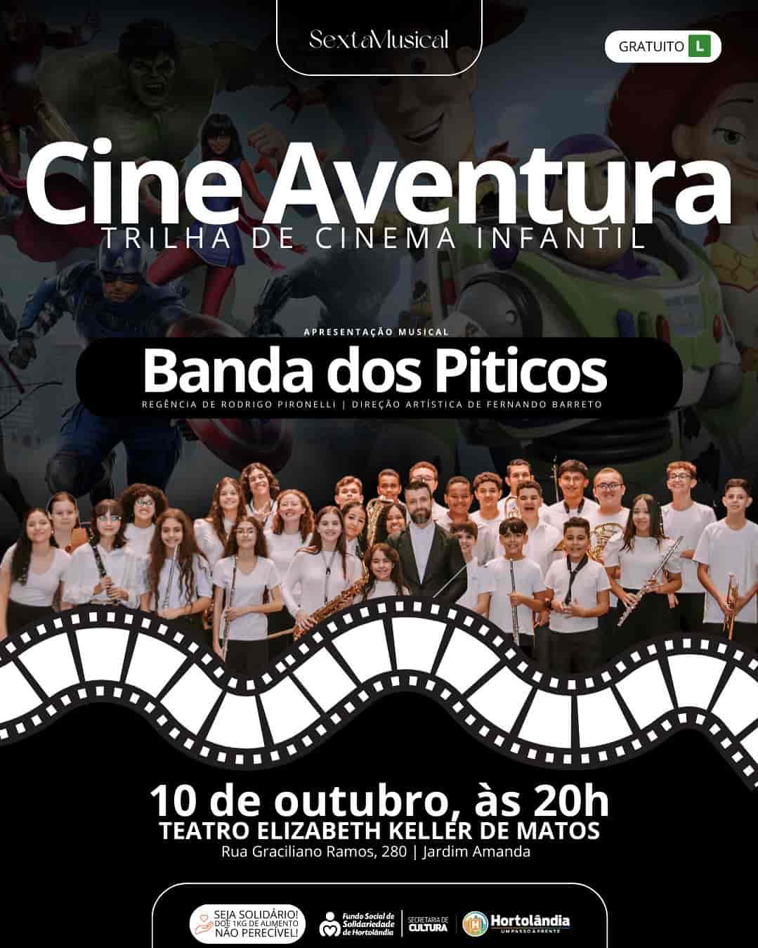 Banner do evento Sexta Musical com Cine Aventura -  Trilha de Cinema Infantil com a Banda dos Piticos