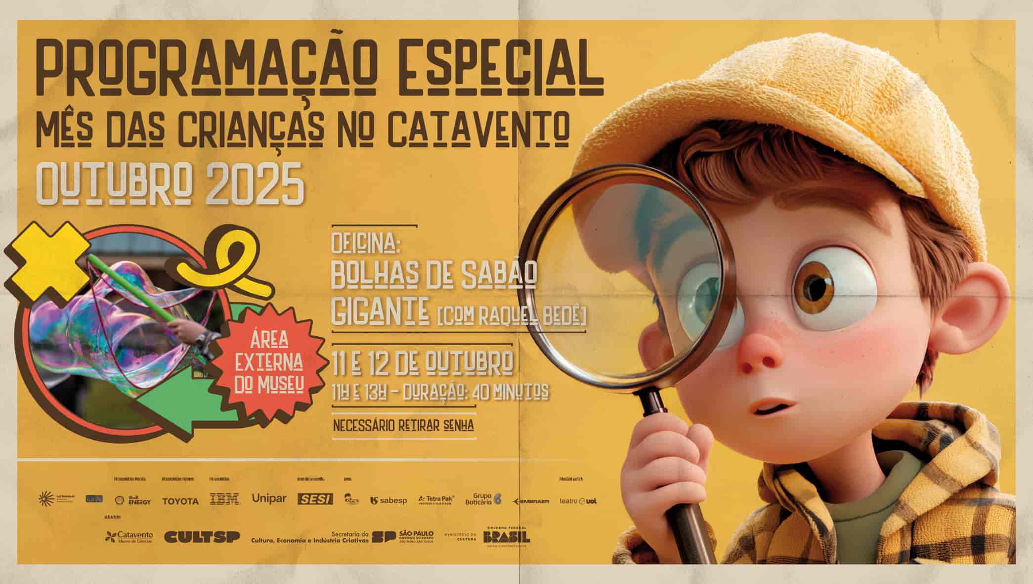 Banner do evento Oficina de Bolhas de Sabão Gigante - Mês das Crianças