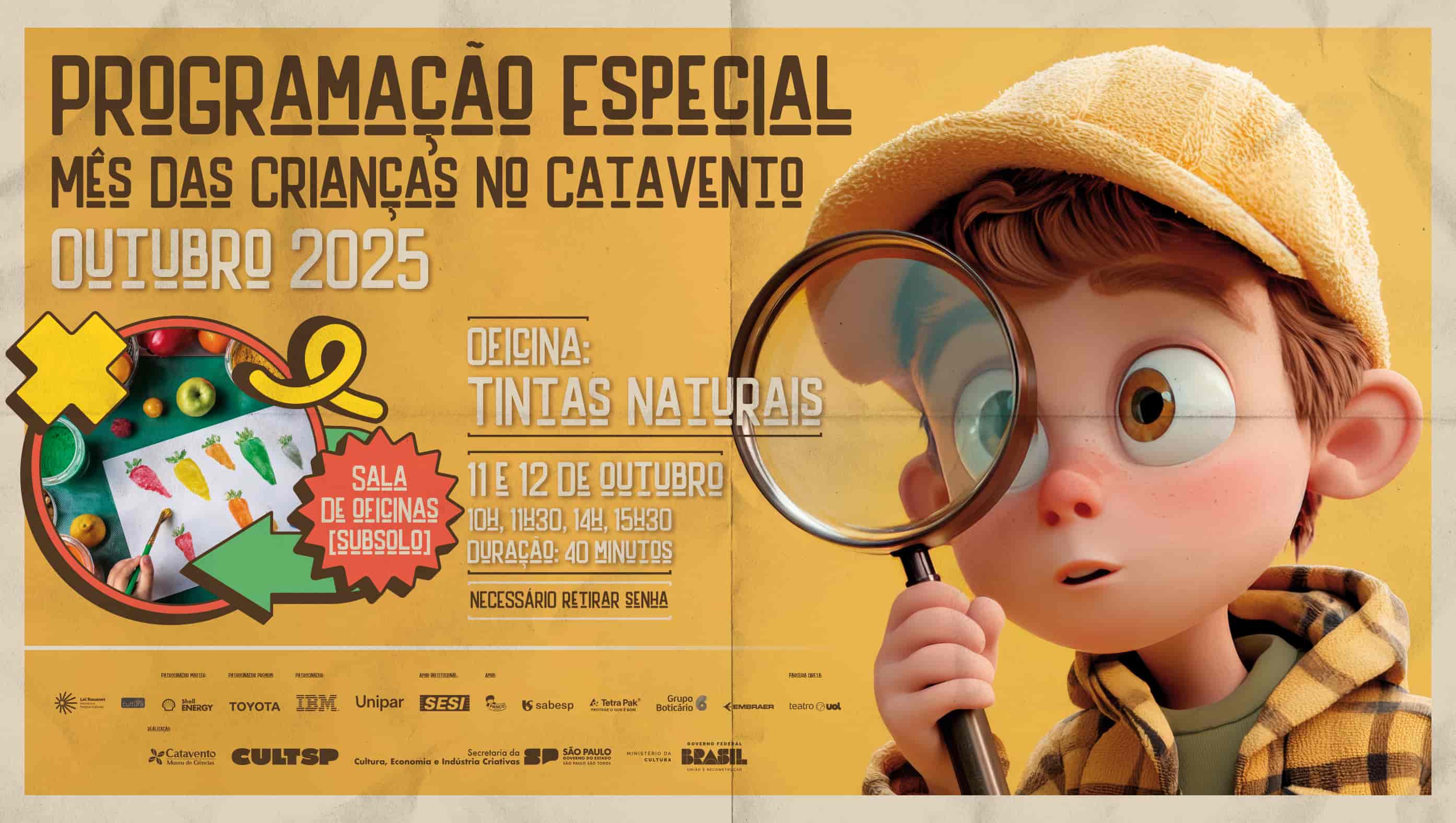 Banner do evento Oficinas de Tintas Naturais - Mês das Crianças 