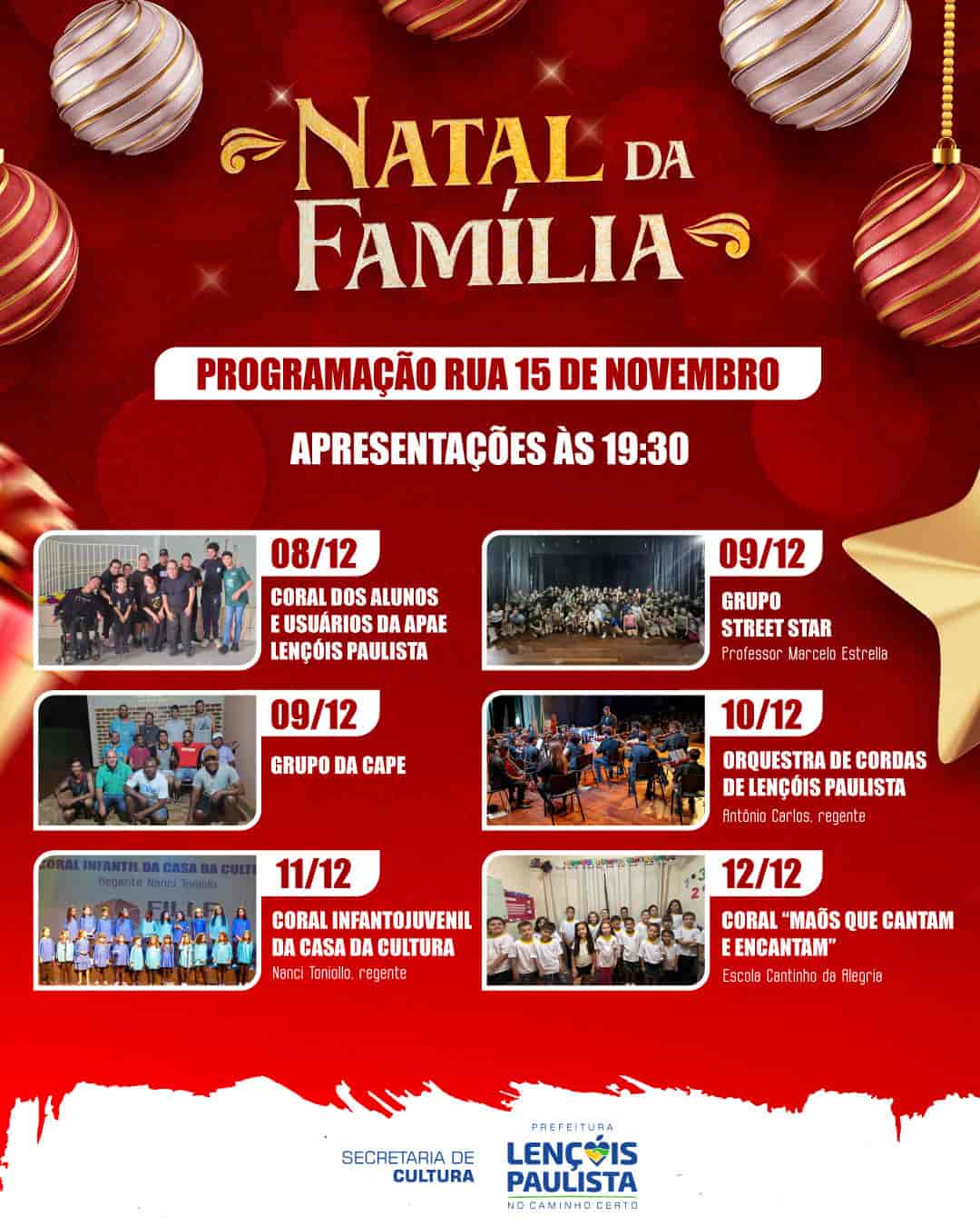 Banner do evento Natal da Família Lençóis Paulista - Apresentações Rua 15 Novembro