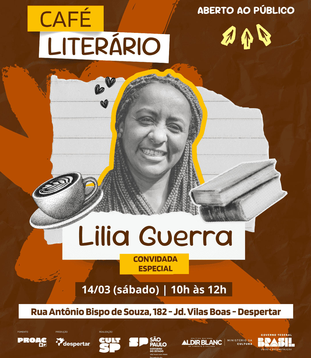 Banner do evento Café Literário com Lilia Guerra