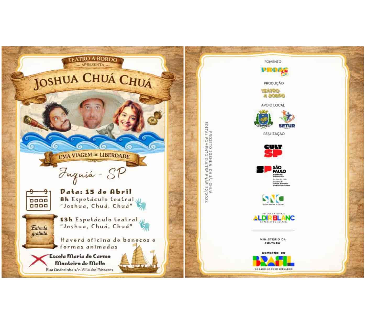 Banner do evento TEATRO: JOSHUA, CHUÁ, CHUÁ - UMA AVENTURA DE LIBERDADE