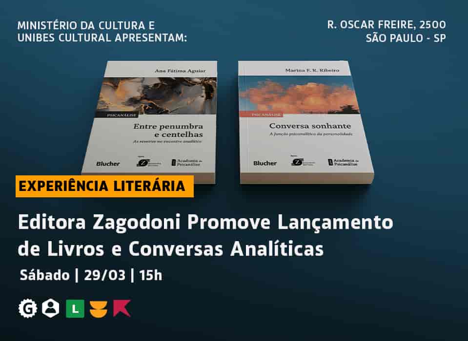Banner do evento Editora Zagodoni promove lançamento de livros e conversas analíticas