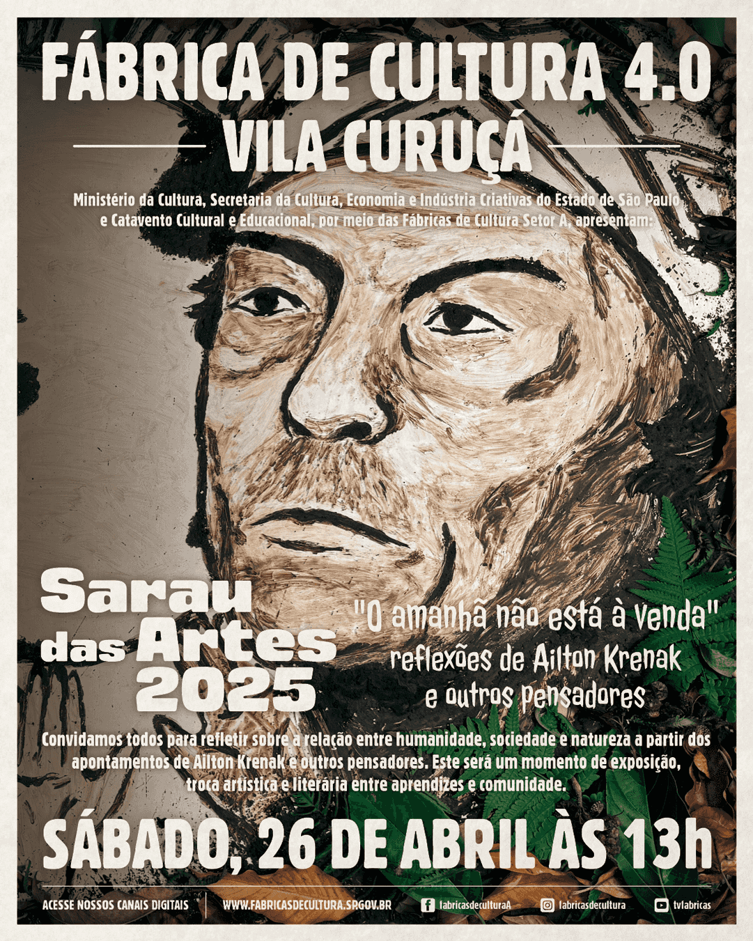 Banner do evento Sarau das Artes: “O amanhã não está à venda – reflexões de Ailton Krenak e outros pensadores”