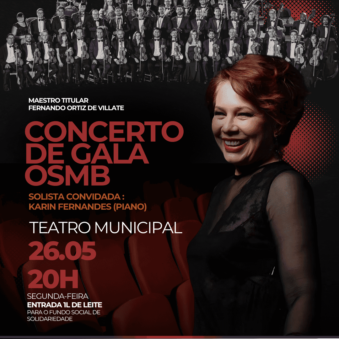 Banner do evento Concerto de Gala da OSMB com participação especial da premiada pianista Karin Fernandes!