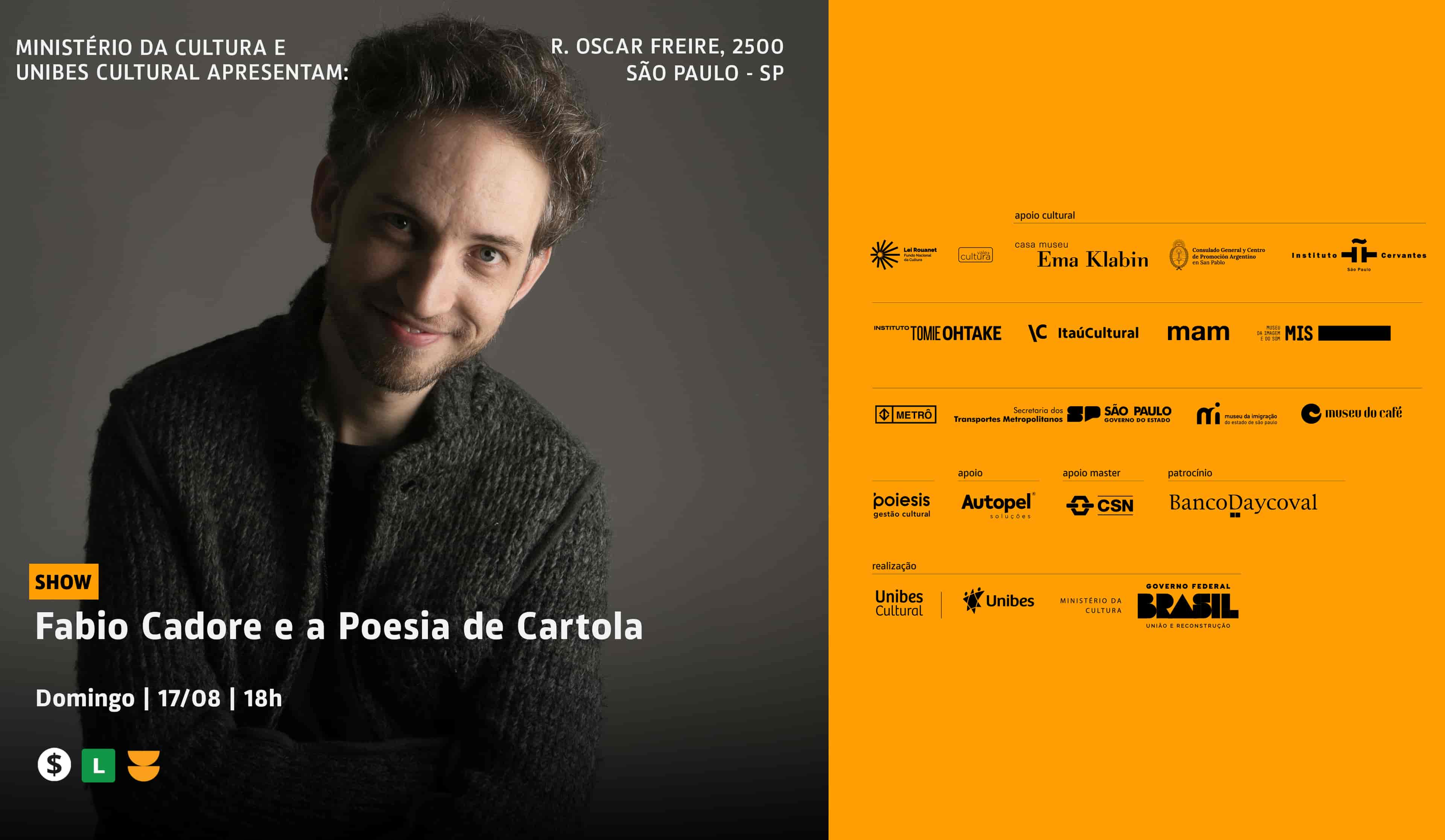 Banner do evento Espetáculo Fabio Cadore e a poesia de Cartola