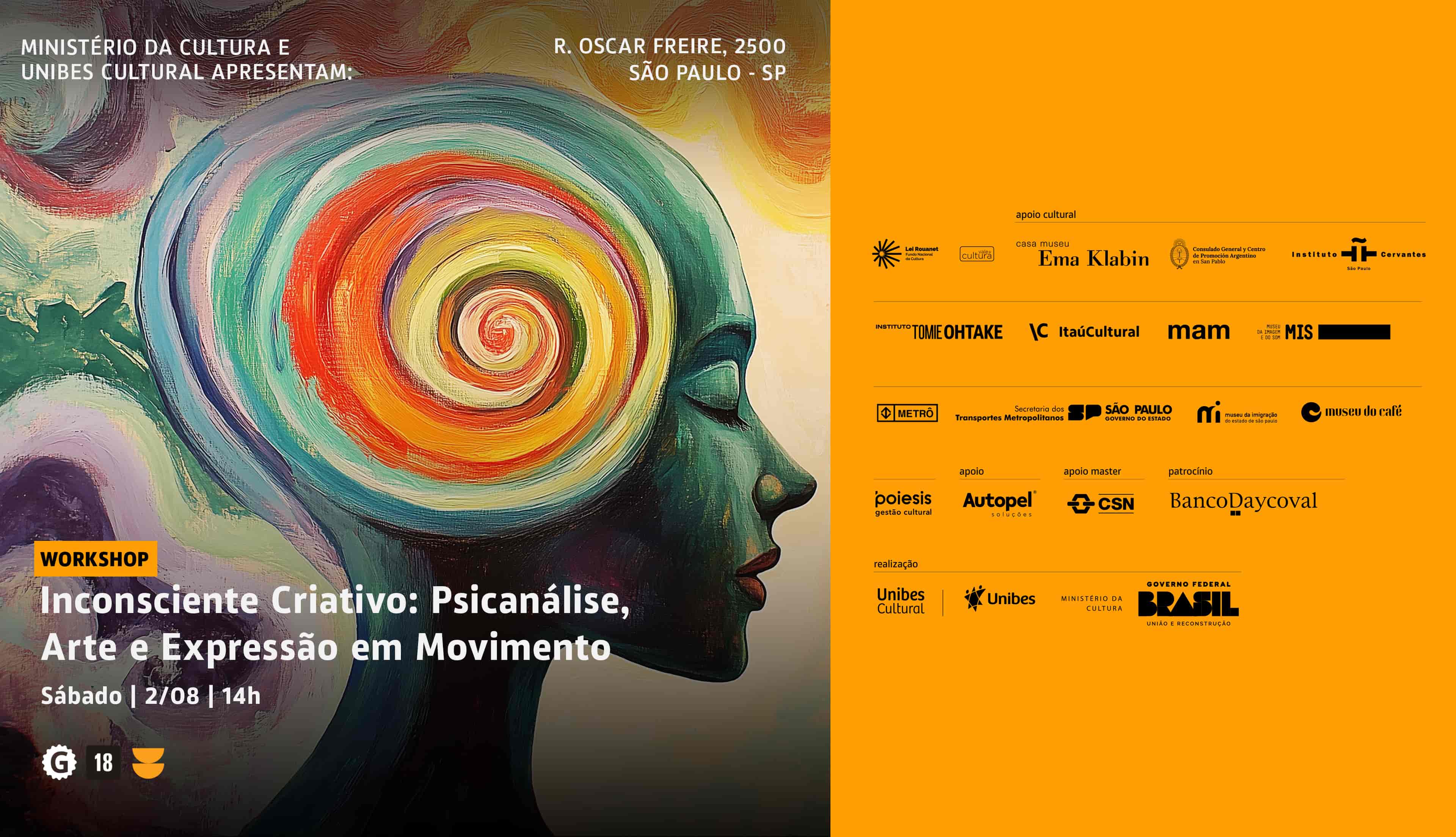 Banner do evento Workshop Vivência Inconsciente Criativo: Psicanálise, Arte e Expressão em Movimento