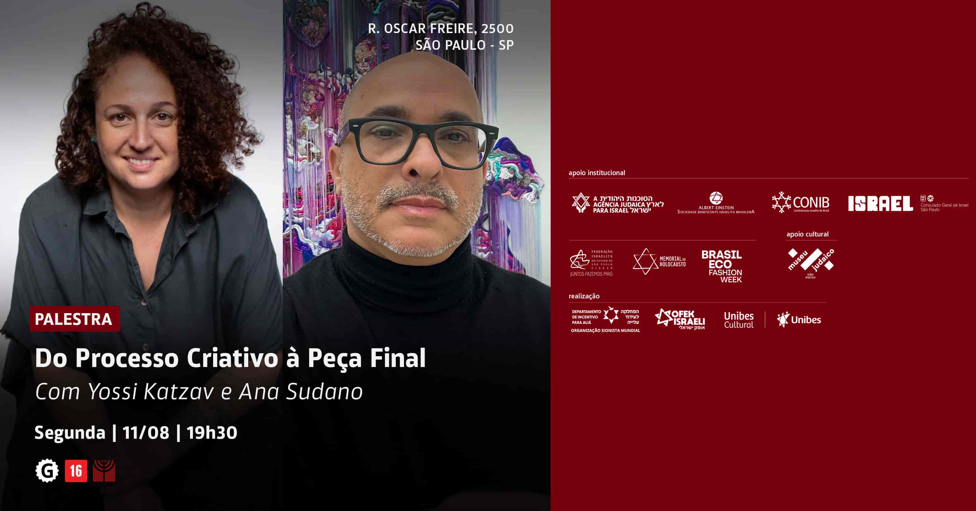 Banner do evento Palestra Do processo criativo à peça final com Yossi Katzav e Ana Sudano