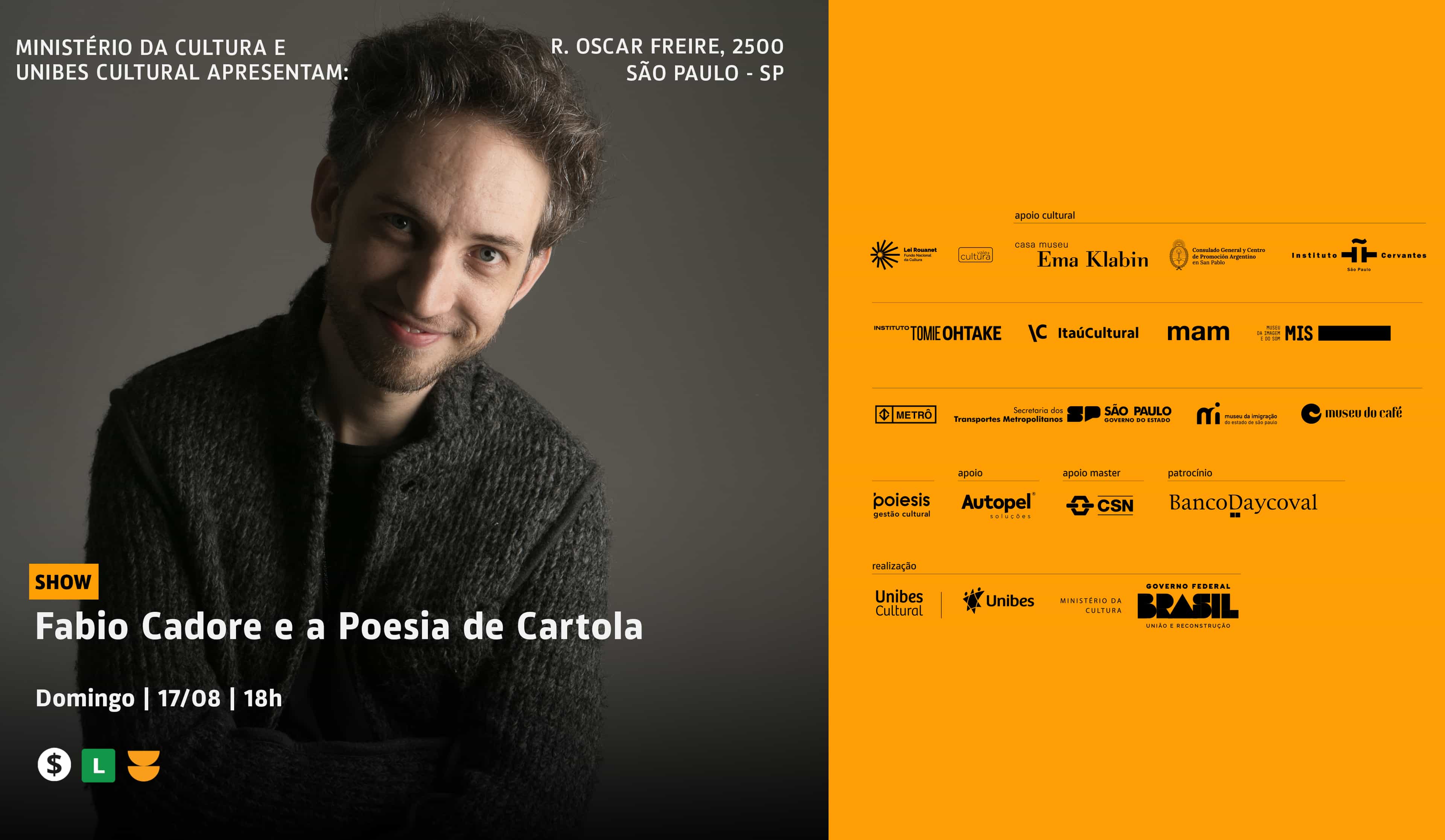 Banner do evento Espetáculo Fabio Cadore e a poesia de Cartola