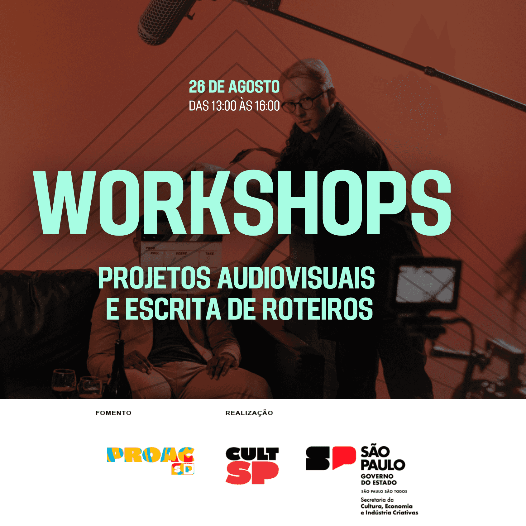 Banner do evento Workshops de Projetos Audiovisuais e Escrita de Roteiro