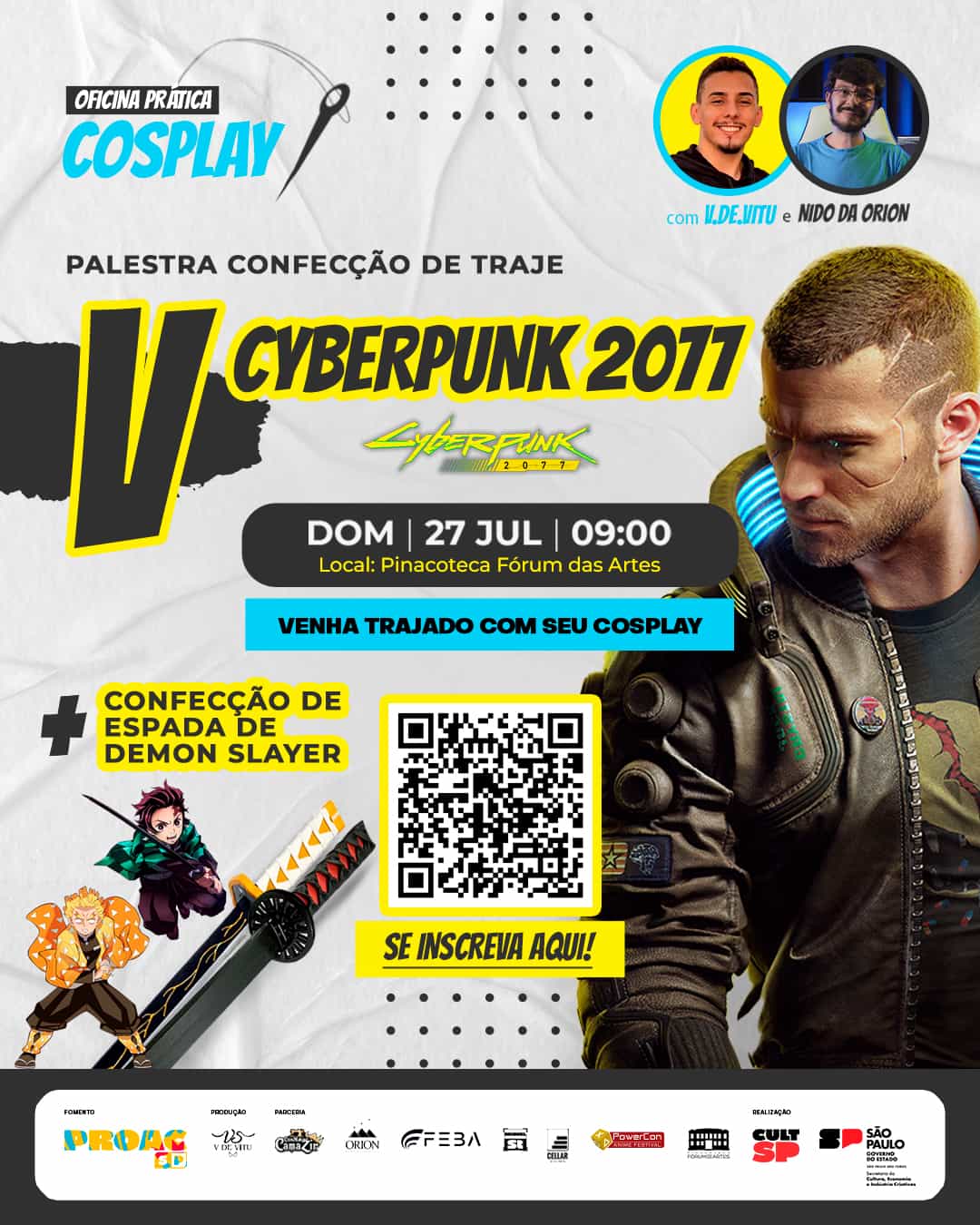 Banner do evento 🎭 Oficina Prática Cosplay - V de Cyberpunk 2077 + Espada de Demon Slayer! 🗡️