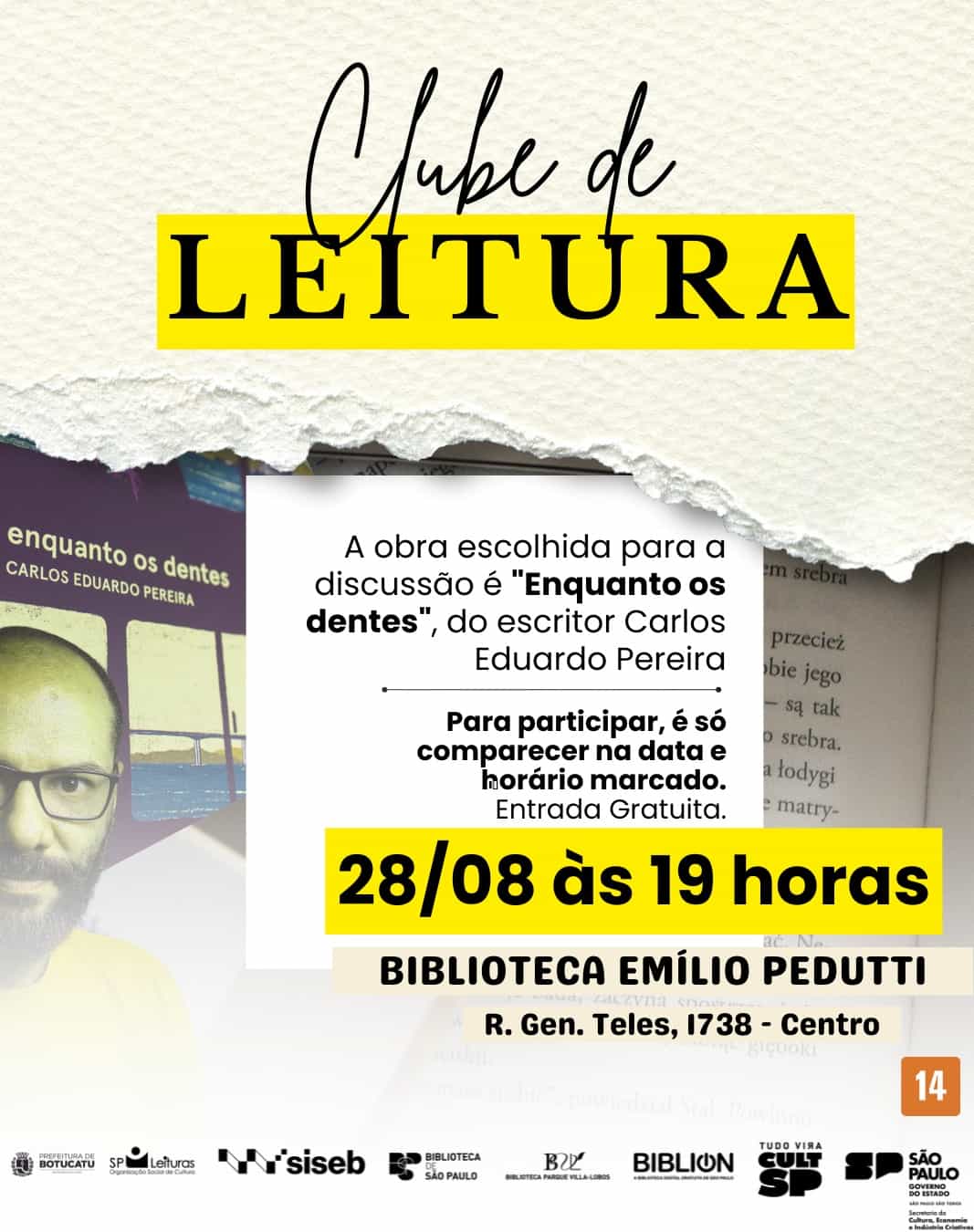 Banner do evento Clube de Leitura na Biblioteca Emílio Pedutti