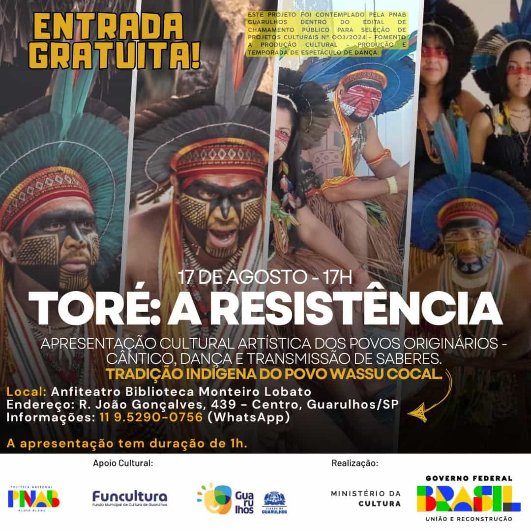 Banner do evento “Toré: A Resistência” celebra a tradição do povo indígena Wassu Cocal em Guarulhos