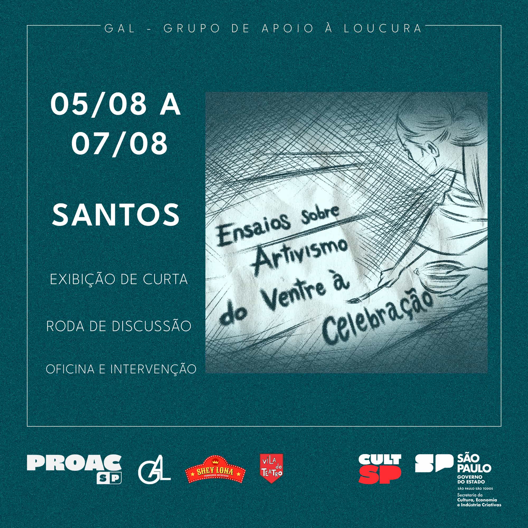 Banner do evento Ensaios Sobre Artivismo: do Ventre à Celebração, em Santos