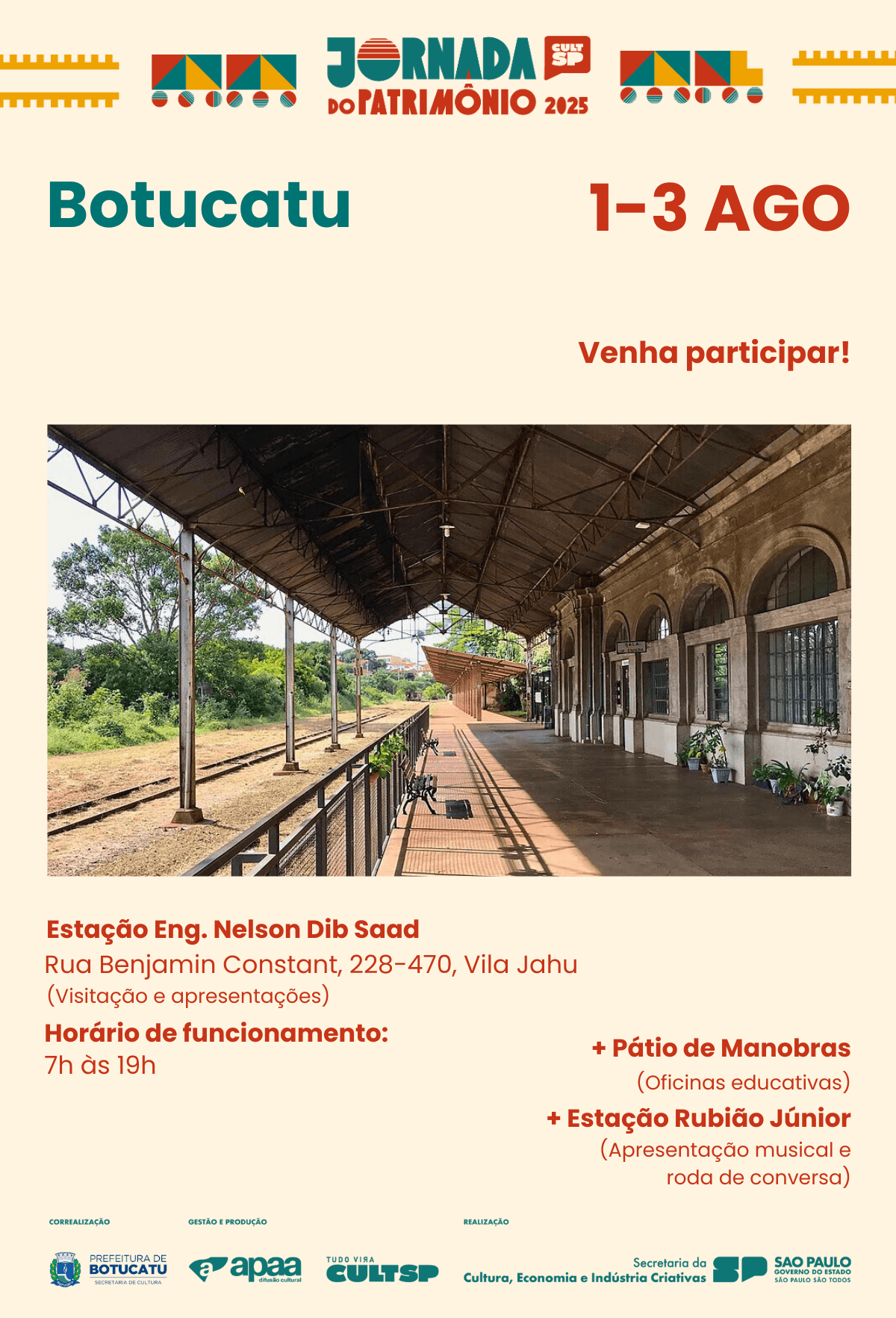 Banner do evento Jornada do Patrimônio 2025 – Botucatu celebra a memória ferroviária com programação gratuita