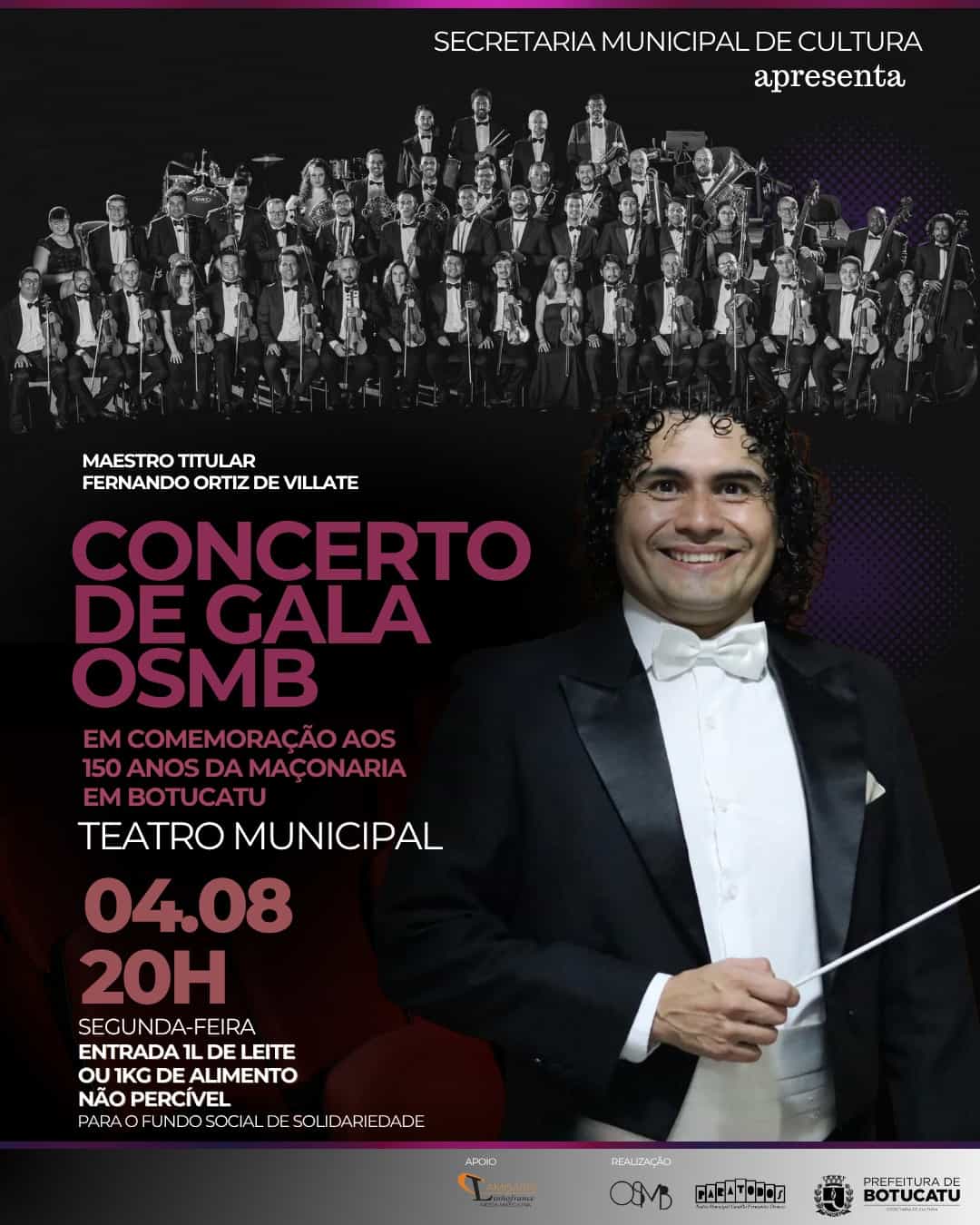 Banner do evento Concerto de Gala – 150 Anos da Maçonaria em Botucatu com a Orquestra Sinfônica Municipal de Botucatu