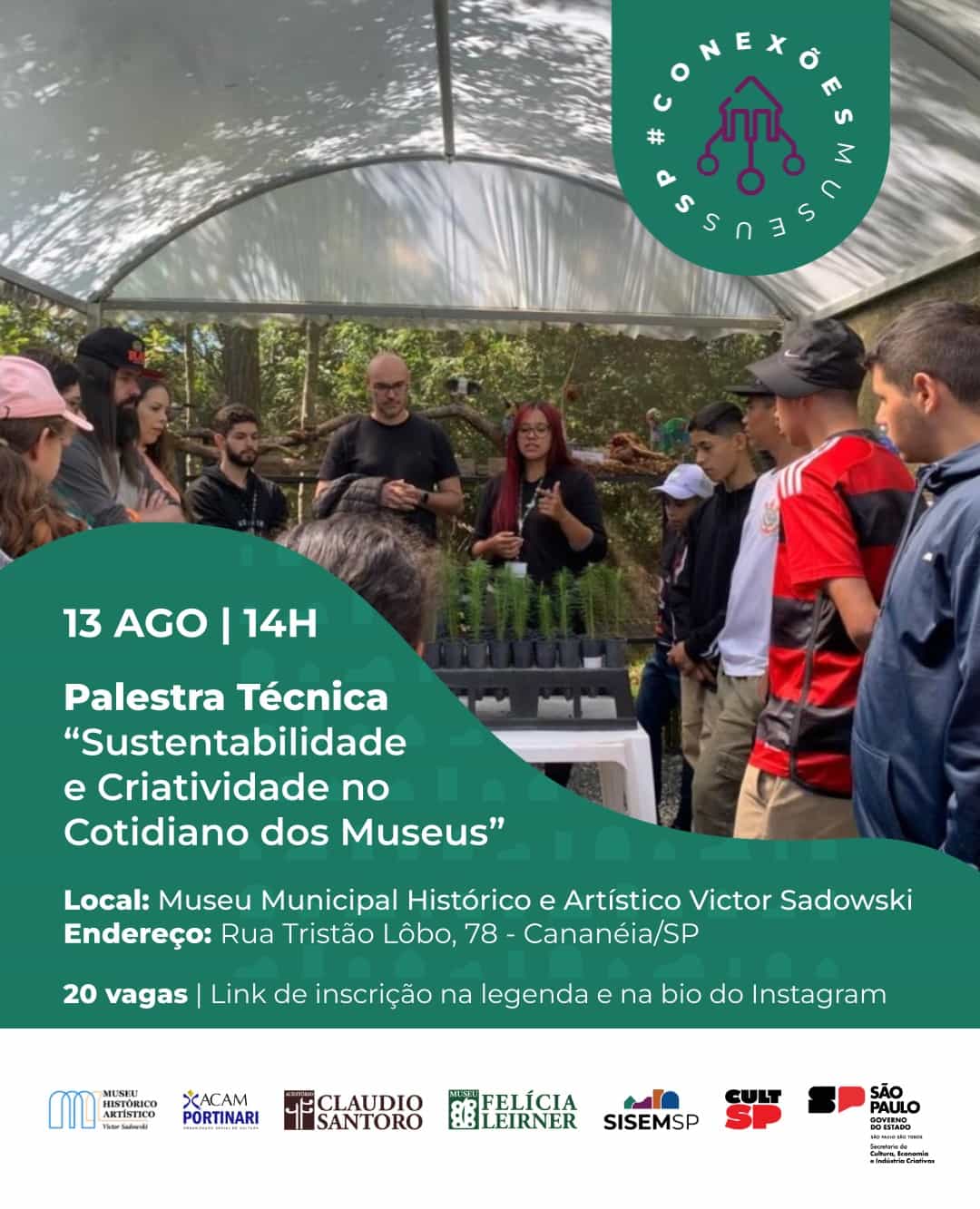 Banner do evento Programa Conexões Museus – Palestra Técnica “Sustentabilidade e Criatividade nos Museus”