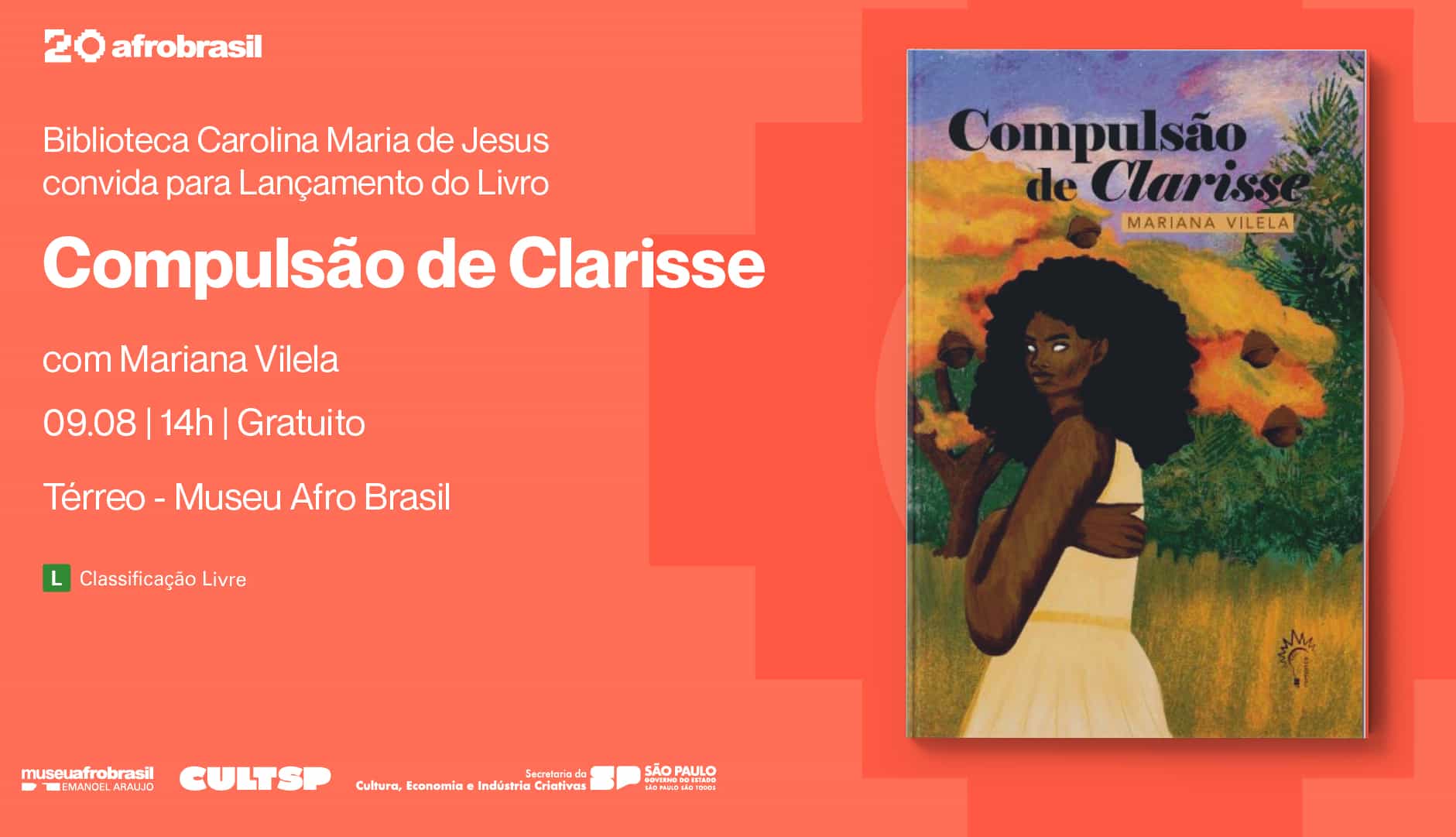 Banner do evento Lançamento do Livro Compulsão de Clarisse de Mariana Vilela 