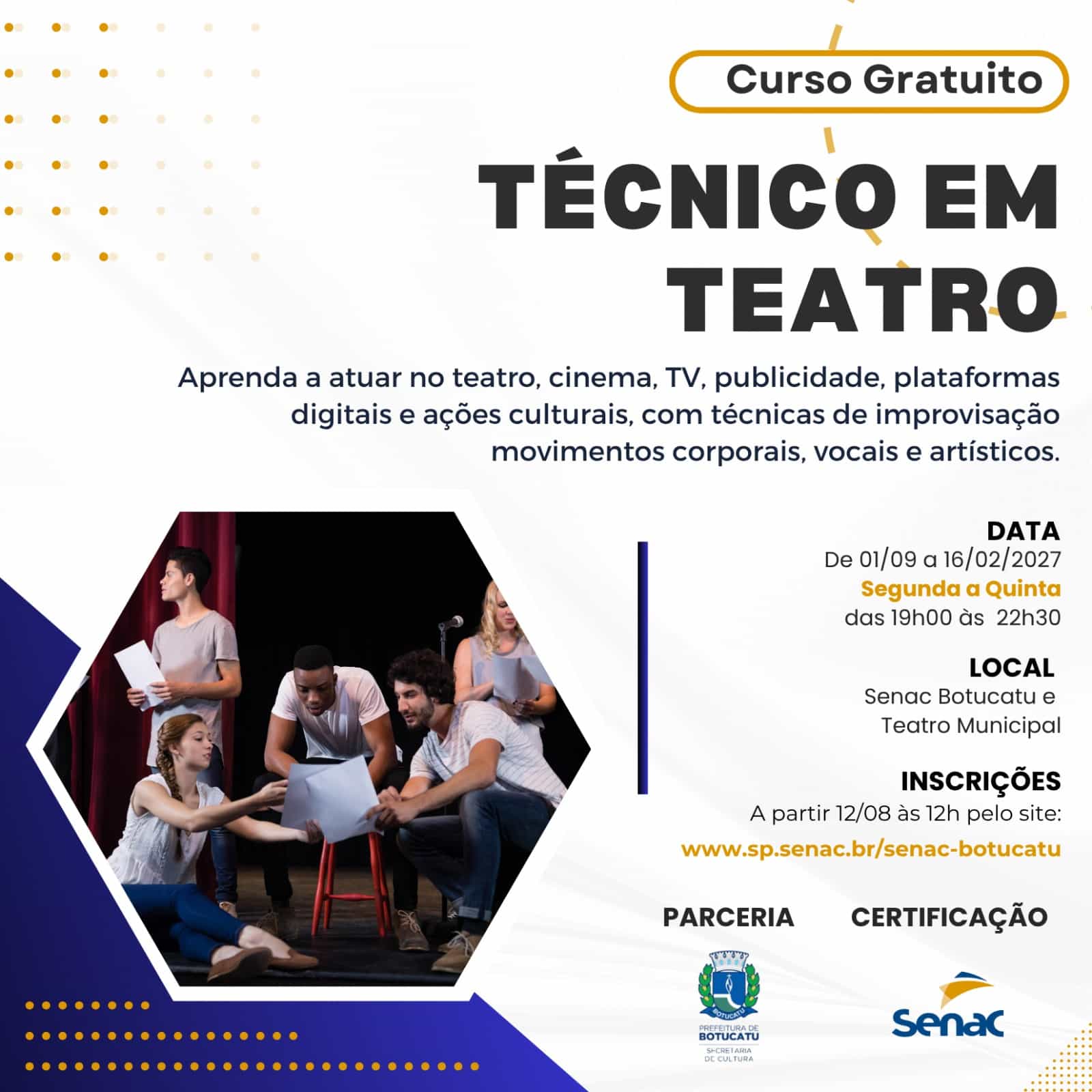 Banner do evento Curso Técnico em Teatro – Gratuito em Botucatu