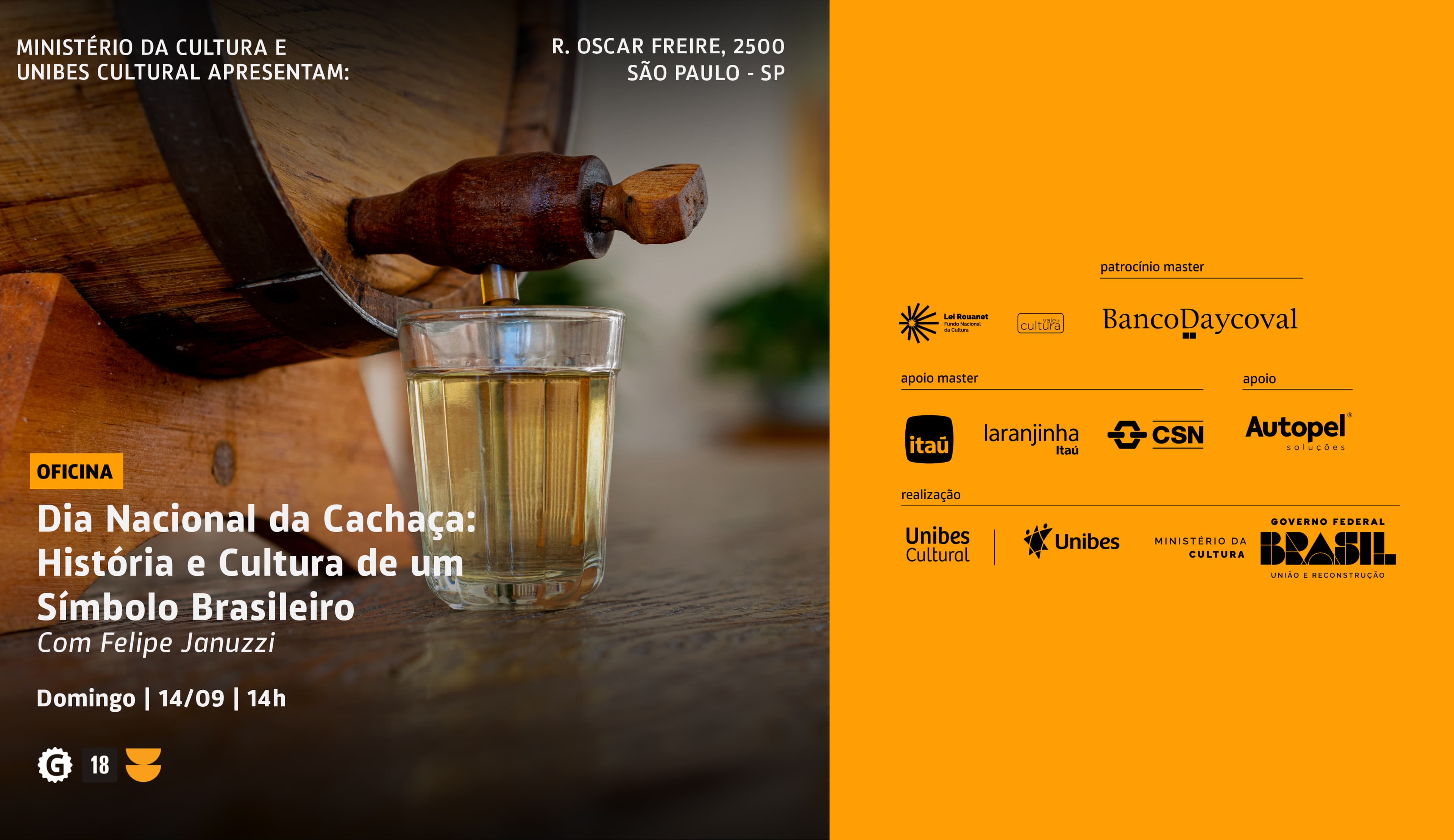 Banner do evento Oficina cultural Dia Nacional da Cachaça: História e Cultura de um Símbolo Brasileiro