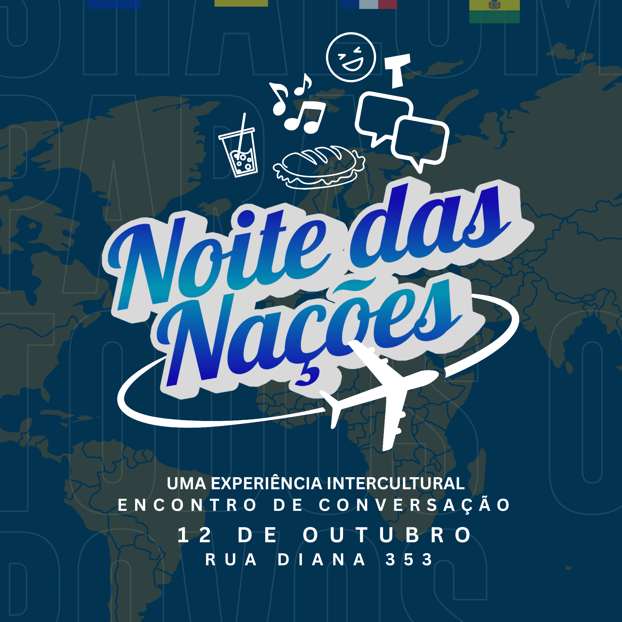Banner do evento Noite das nações - encontro de conversação e noite intercultural.