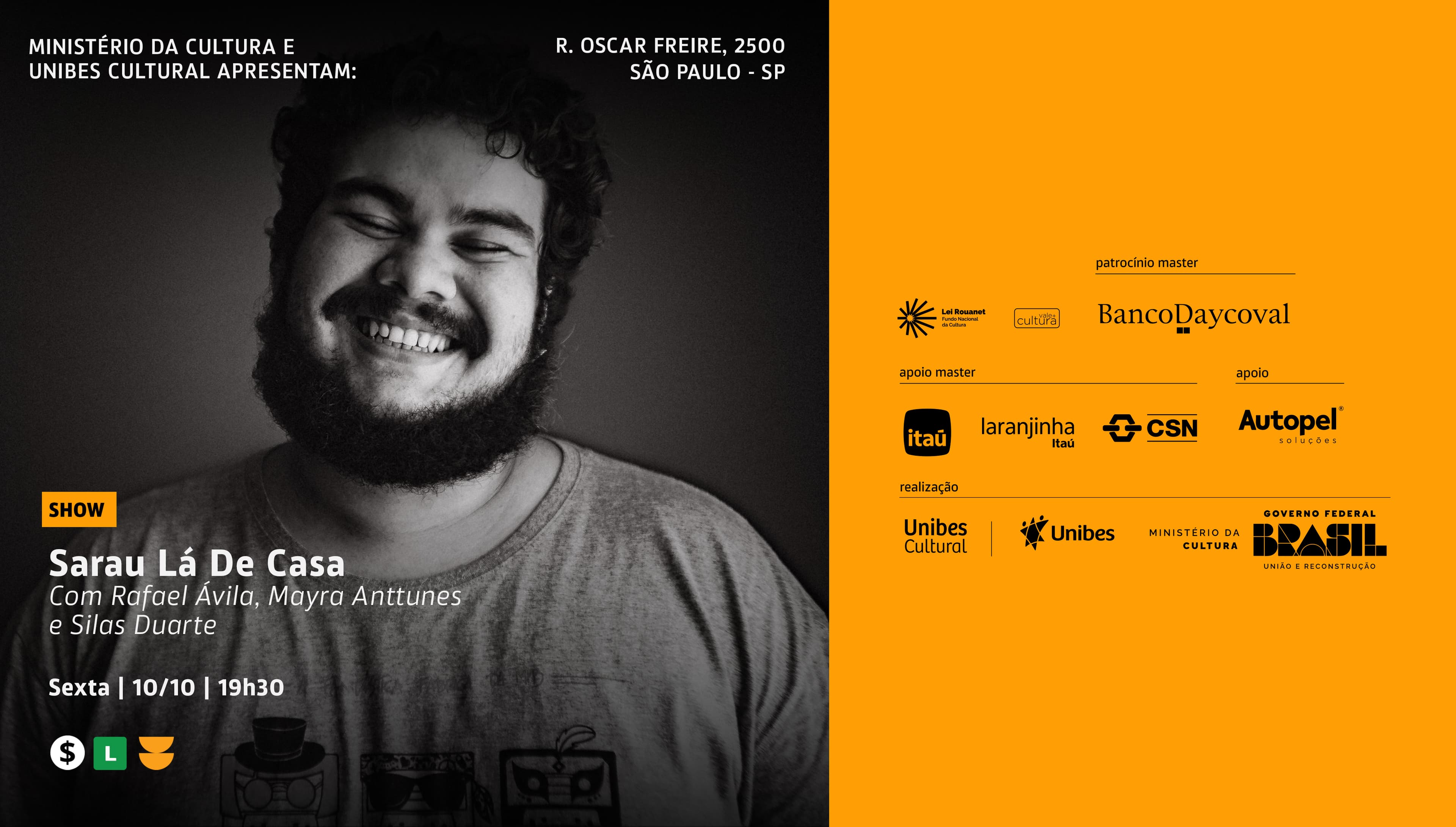 Banner do evento Show Sarau Lá De Casa Com Rafael Ávila, Mayra Anttunes e Silas Duarte