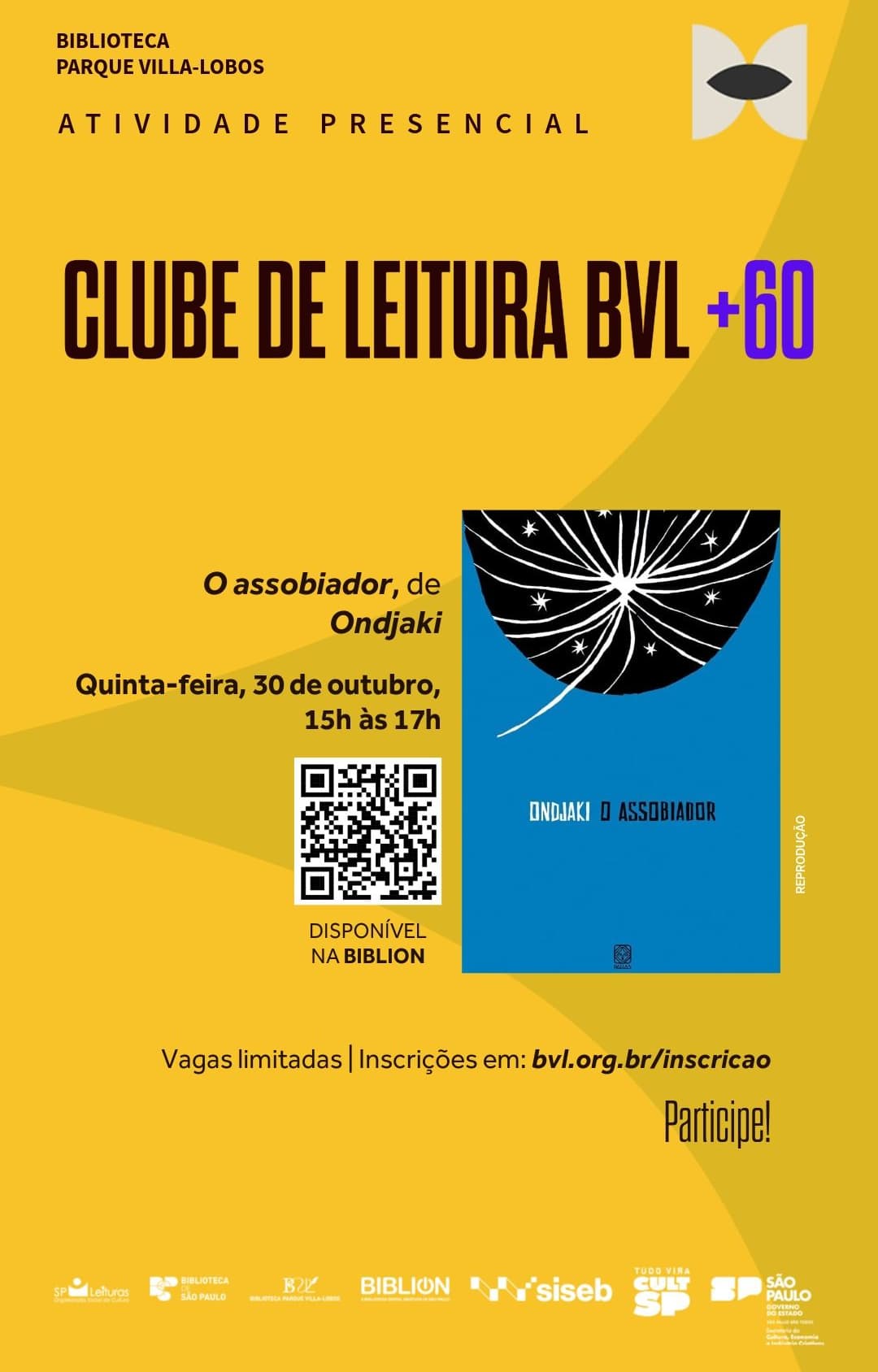 Banner do evento Clube de Leitura BVL +60 - "O assobiador", de Ondjaki