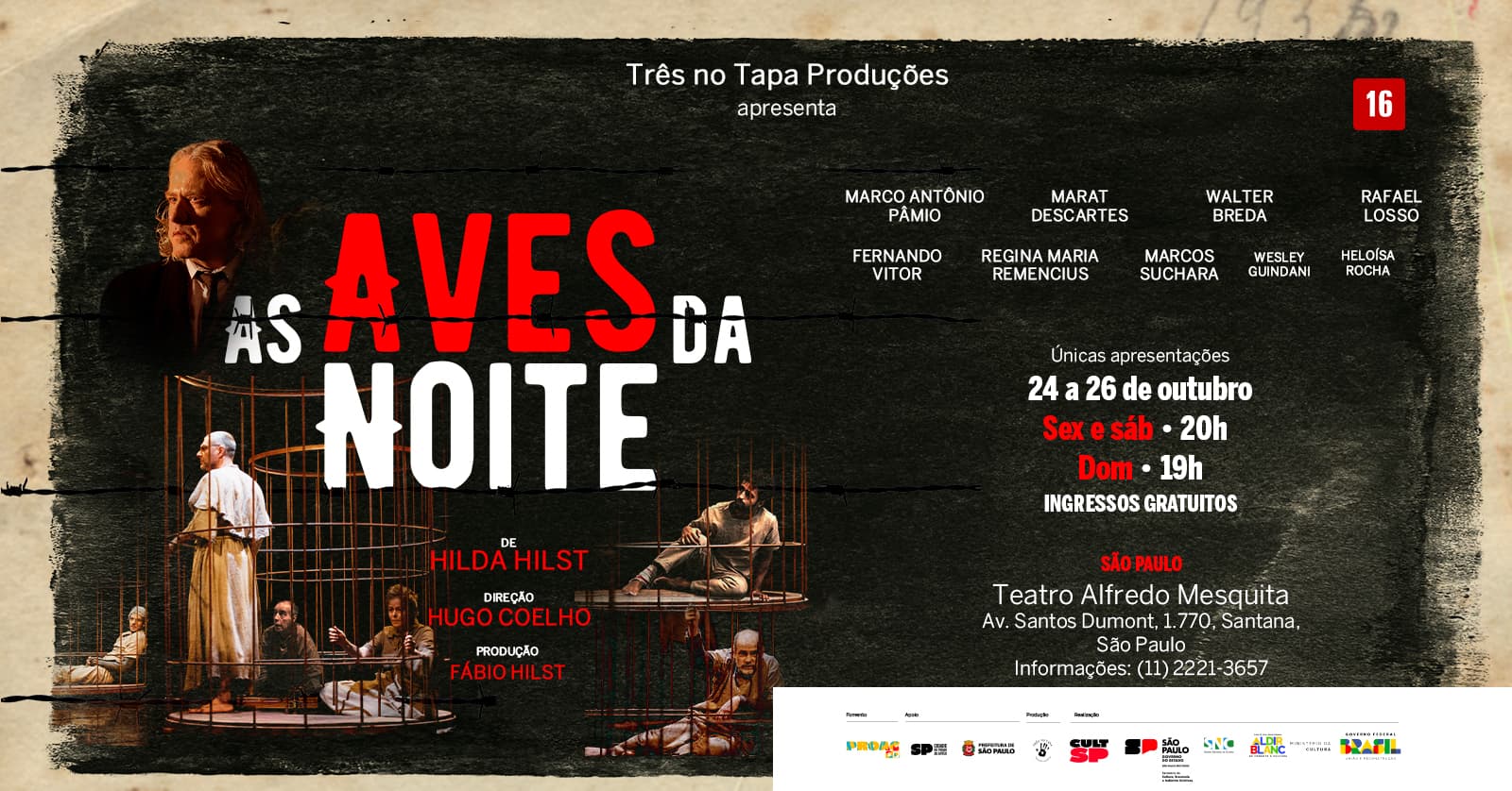 Banner do evento AS AVES DA NOITE, de Hilda Hilst - Teatro Alfredo Mesquita