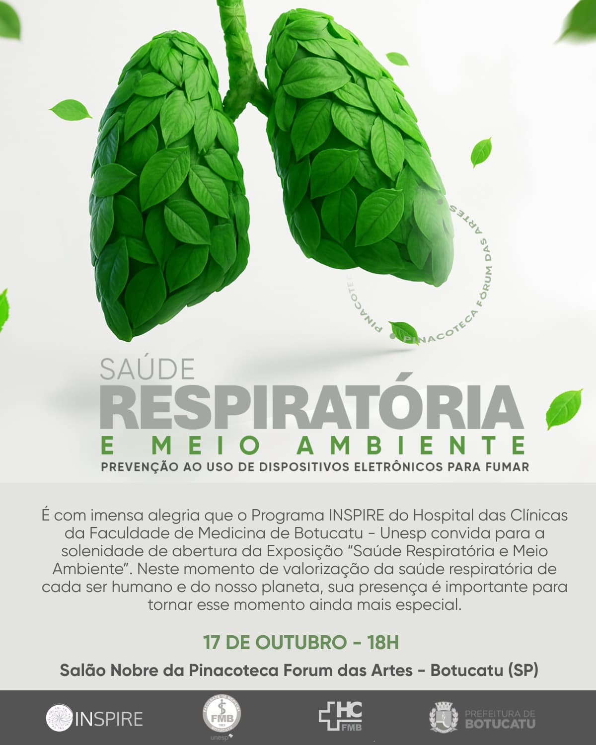 Banner do evento 🌿💨 Exposição “Saúde Respiratória e Meio Ambiente” chega à Pinacoteca de Botucatu!