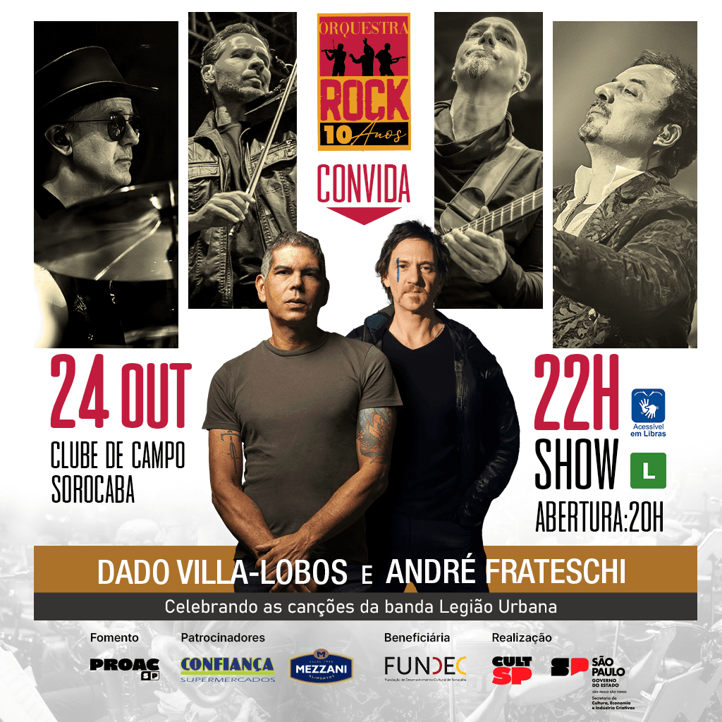 Banner do evento Orquestra Rock, Dado Villa-Lobos e André Frateschi cantam os maiores sucessos de Legião Urbana