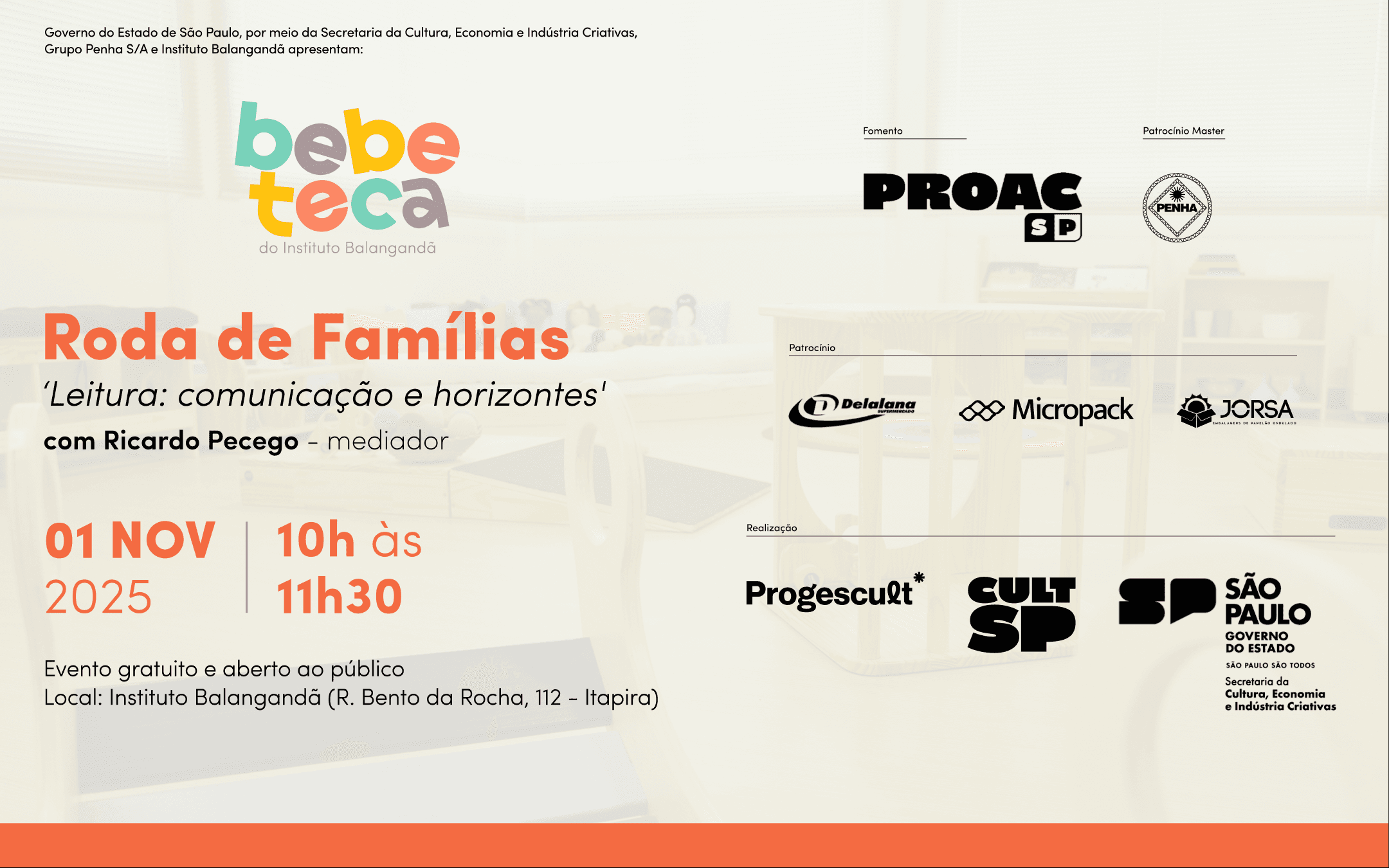 Banner do evento Roda de Famílias na Bebeteca do Instituto Balangandã