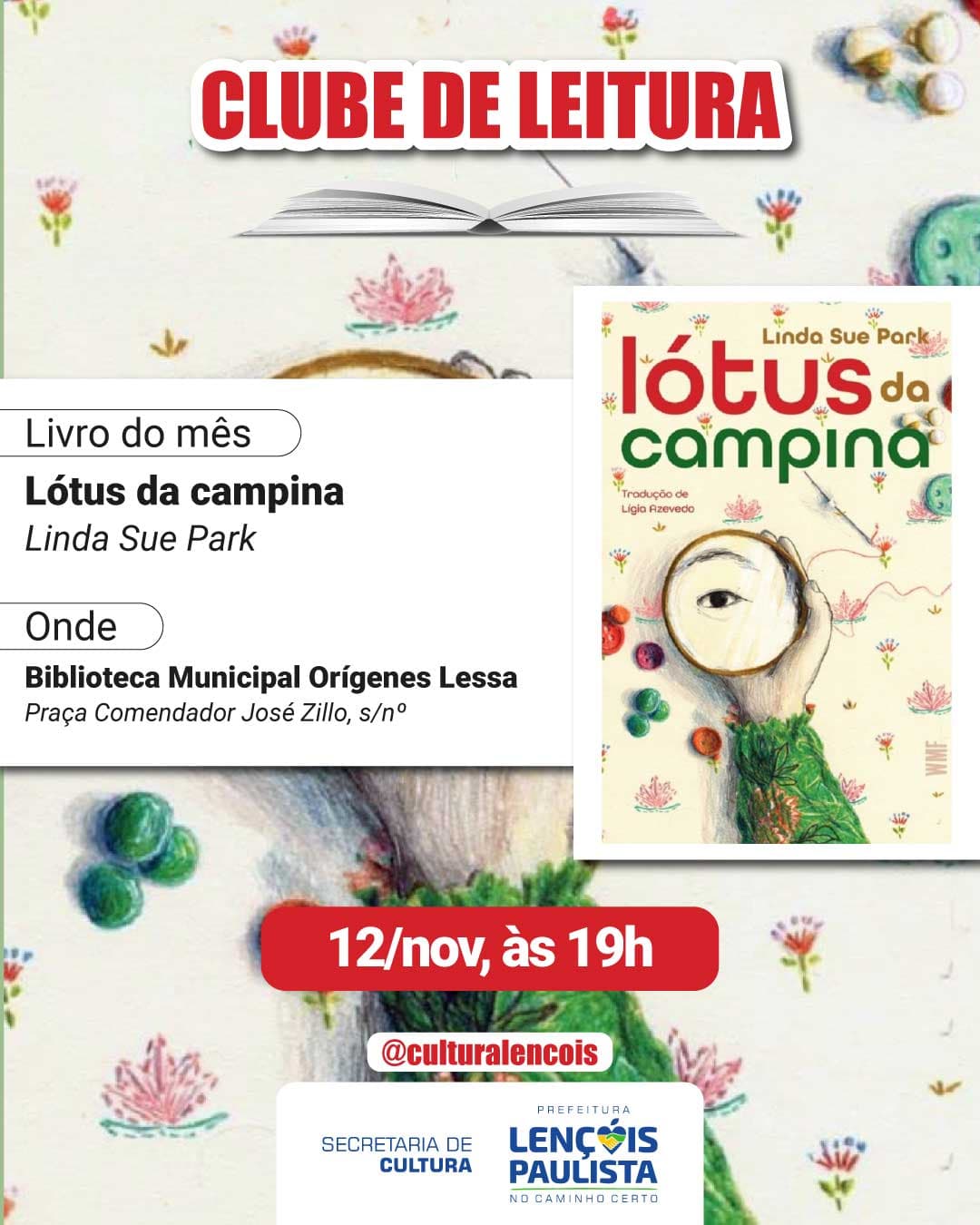 Banner do evento Clube de Leitura BMOL - Lótus da campina de Linda Sue Park