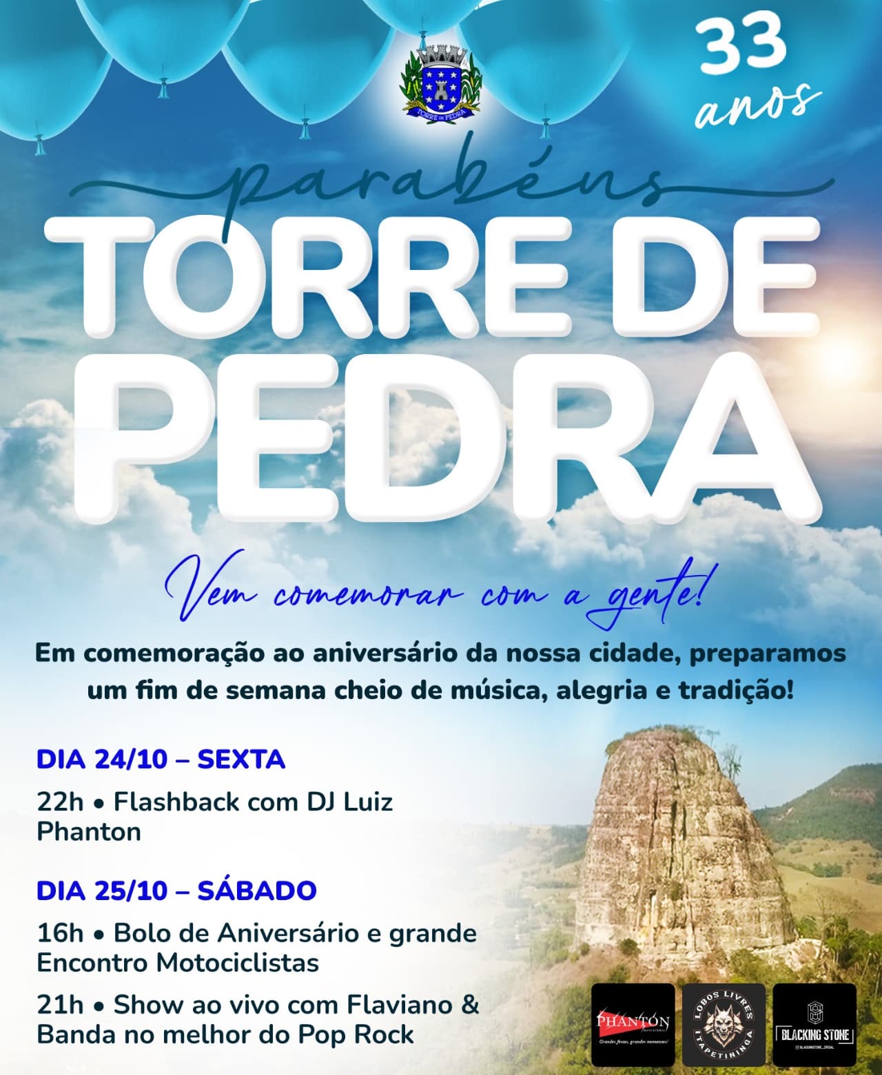Banner do evento Aniversário de 33 anos do Municipio de Torre de Pedra