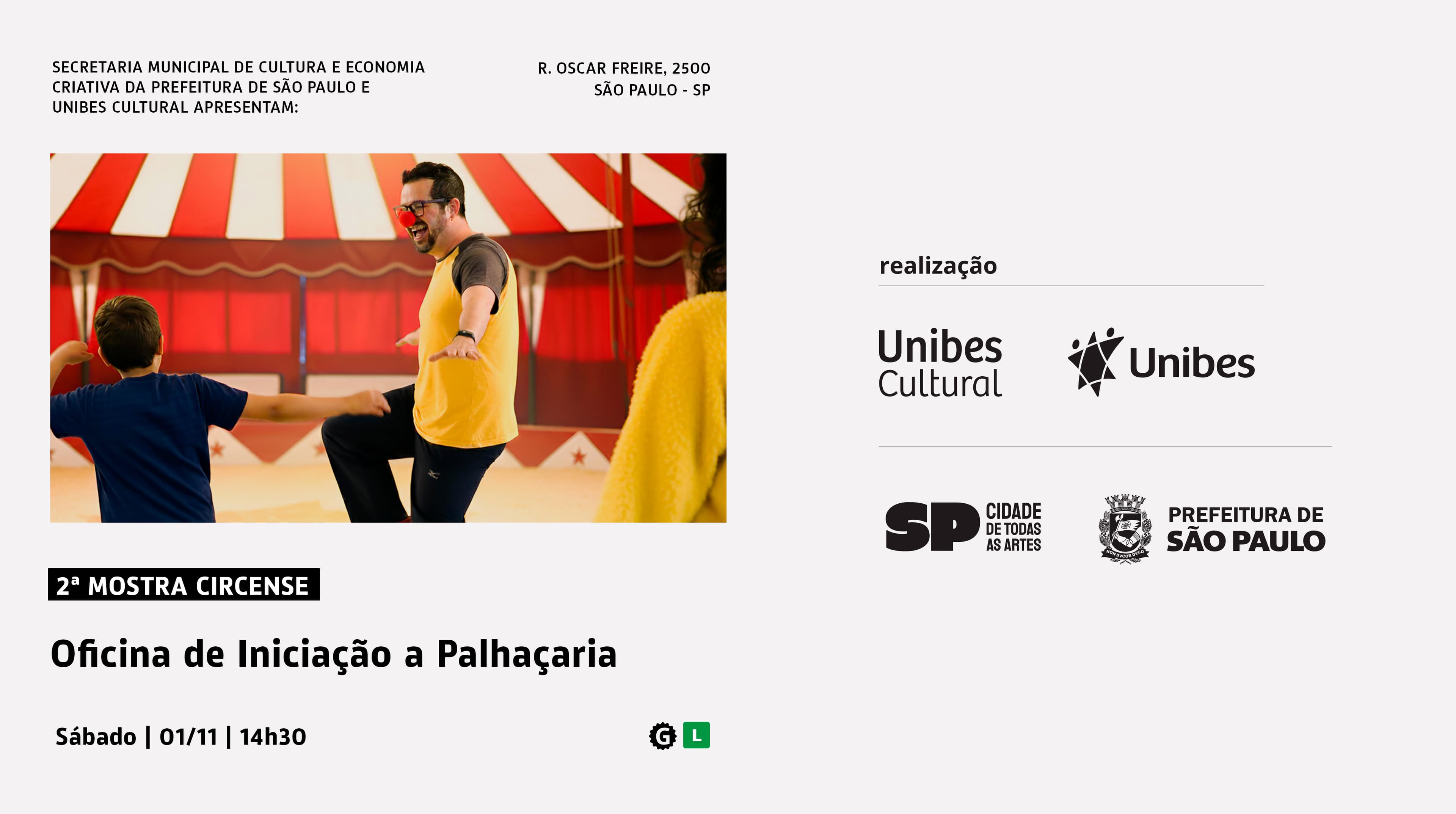 Banner do evento Oficina Infantil de Iniciação a Palhaçaria com Gabriel Marin