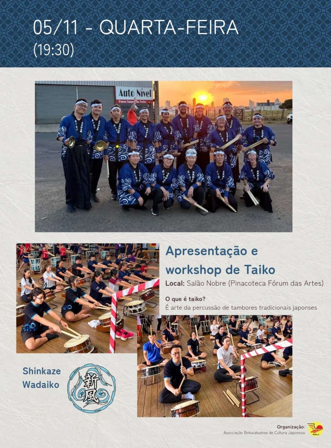 Banner do evento 🥁 APRESENTAÇÃO E WORKSHOP DE TAIKO 🥁