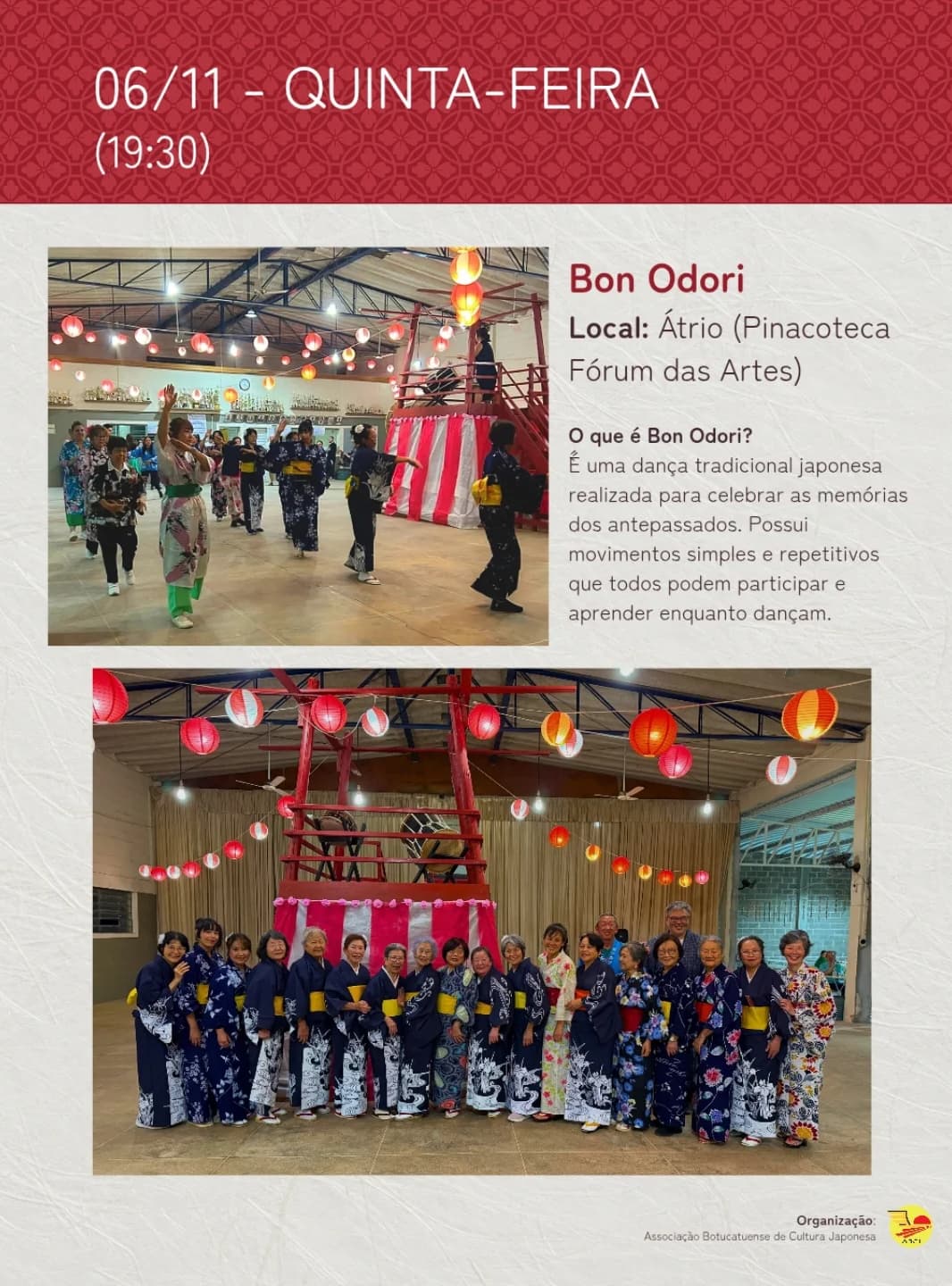 Banner do evento SEMANA DA CULTURA JAPONESA  apresenta ⛩️   💃✨ BON ODORI ✨💃