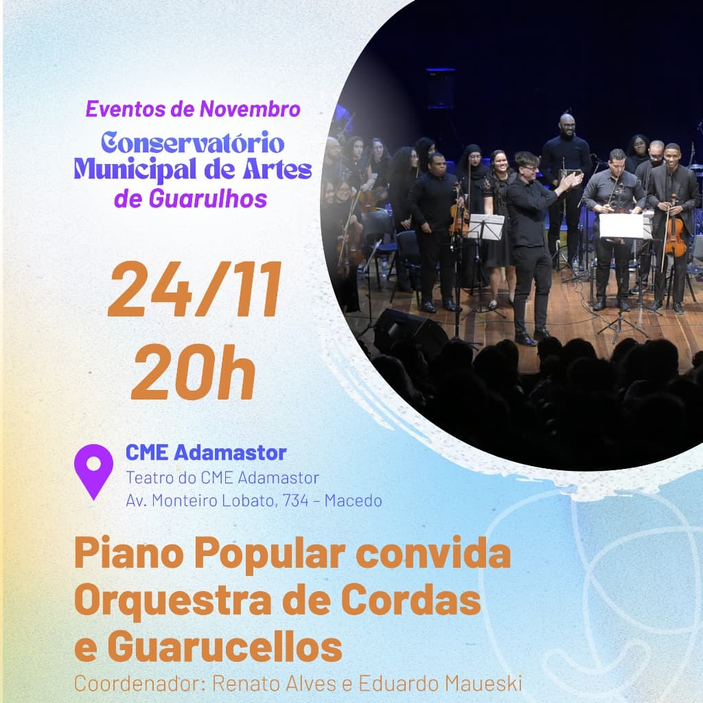 Banner do evento Piano Popular convida Orquestra de Cordas e Guarucellos