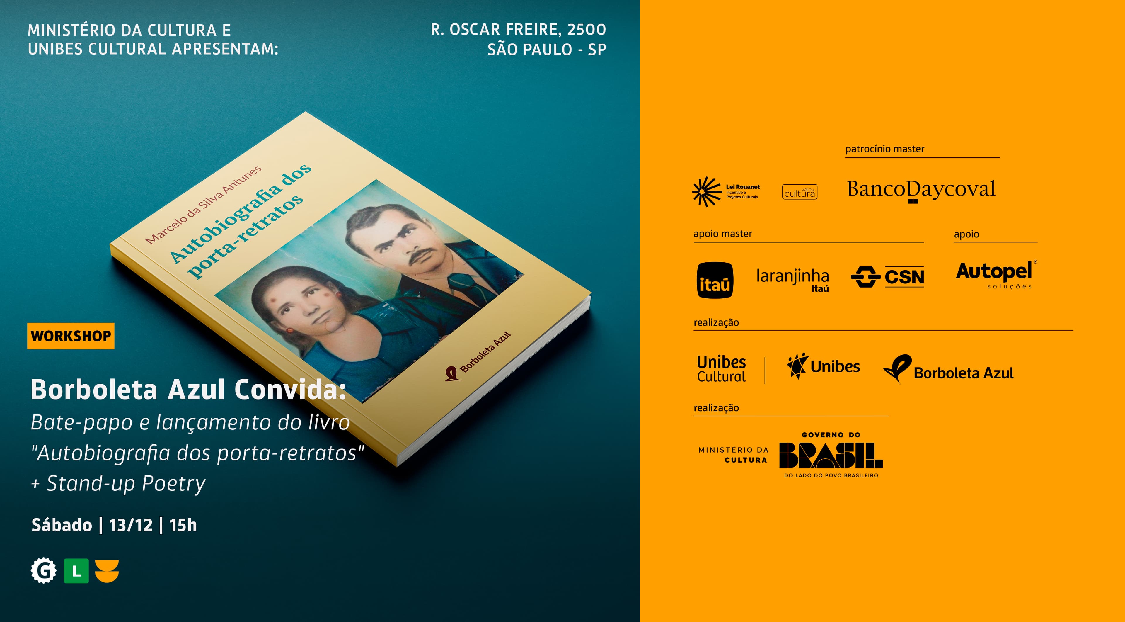 Banner do evento Bate-Papo e Lançamento do Livro Autobiografia dos porta-retratos + Stand-up Poetry