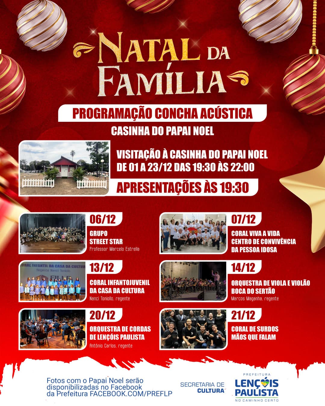 Banner do evento Natal da Família Lençóis Paulista - Apresentações Casinha do Papai Noel