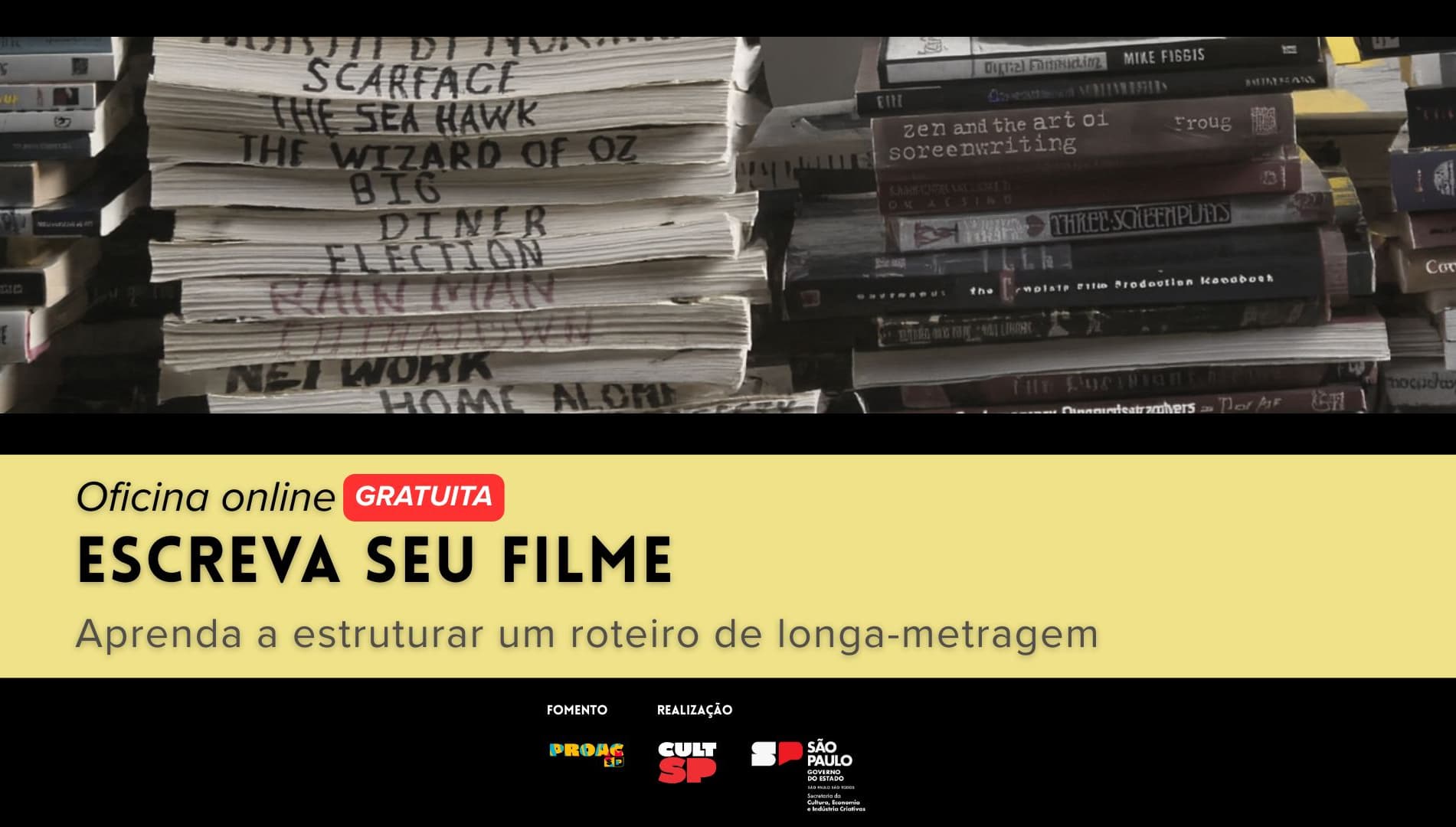 Banner do evento OFICINA GRATUITA: ESCREVA SEU FILME
