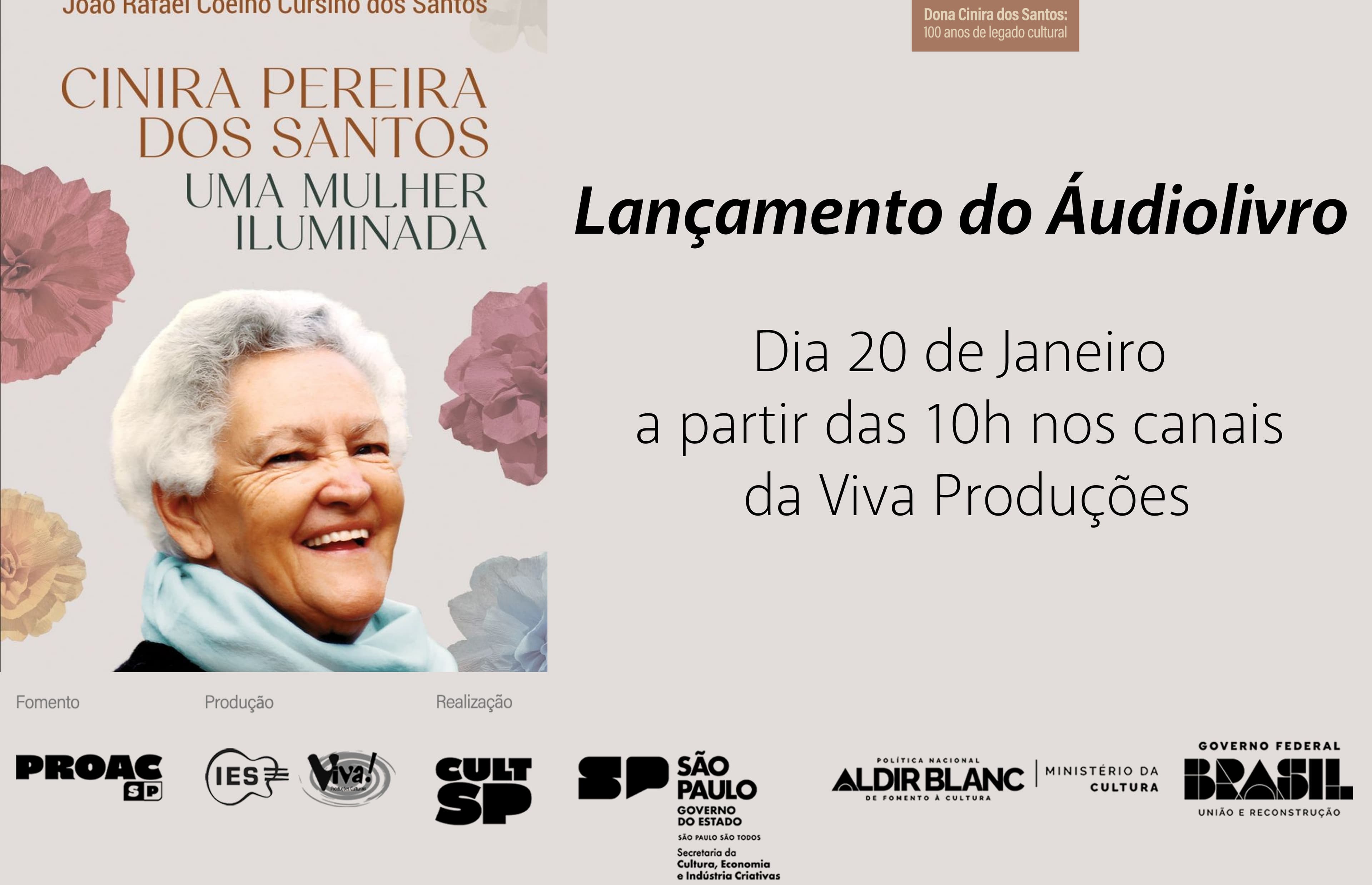 Banner do evento Lançamento do áudiolivro "Cinira Pareira dos Santos uma Mulher Iluminada"