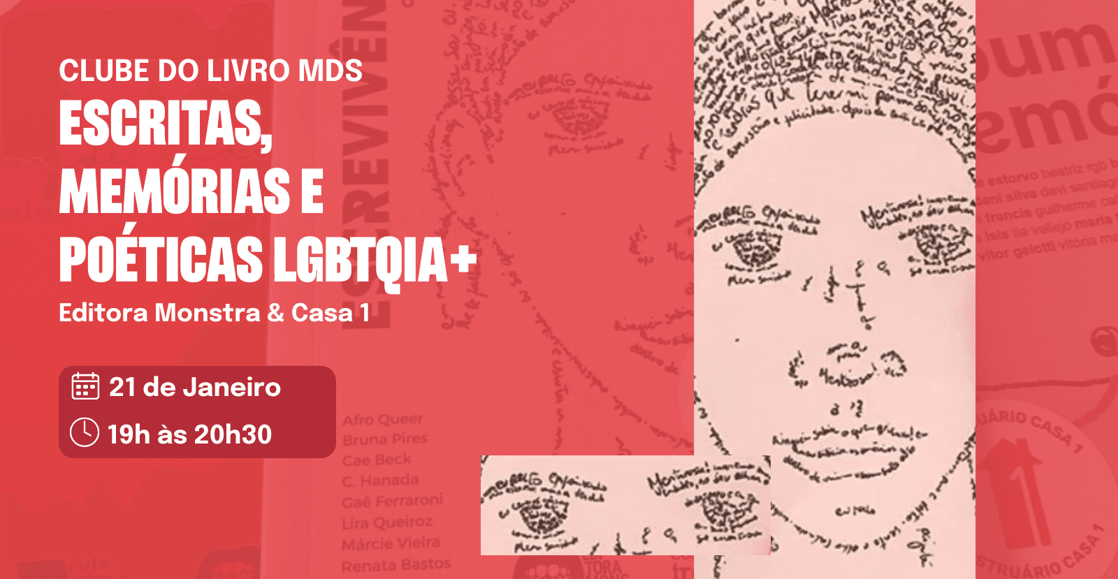 Banner do evento Clube do Livro MDS – Escritas, Memórias e Poéticas Trans | Editora Monstra & Casa 1