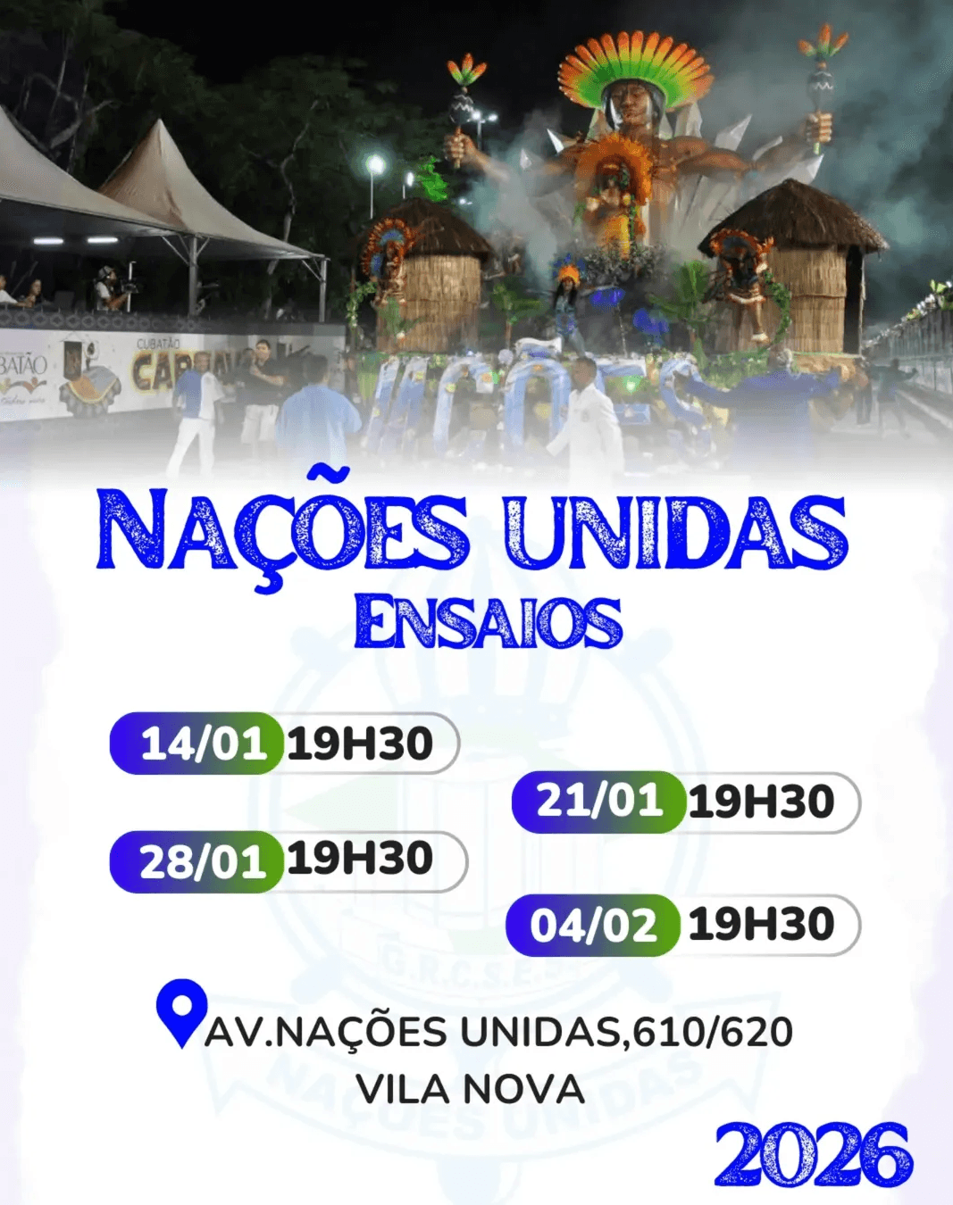 Banner do evento Ensaio GRES Nações Unidas