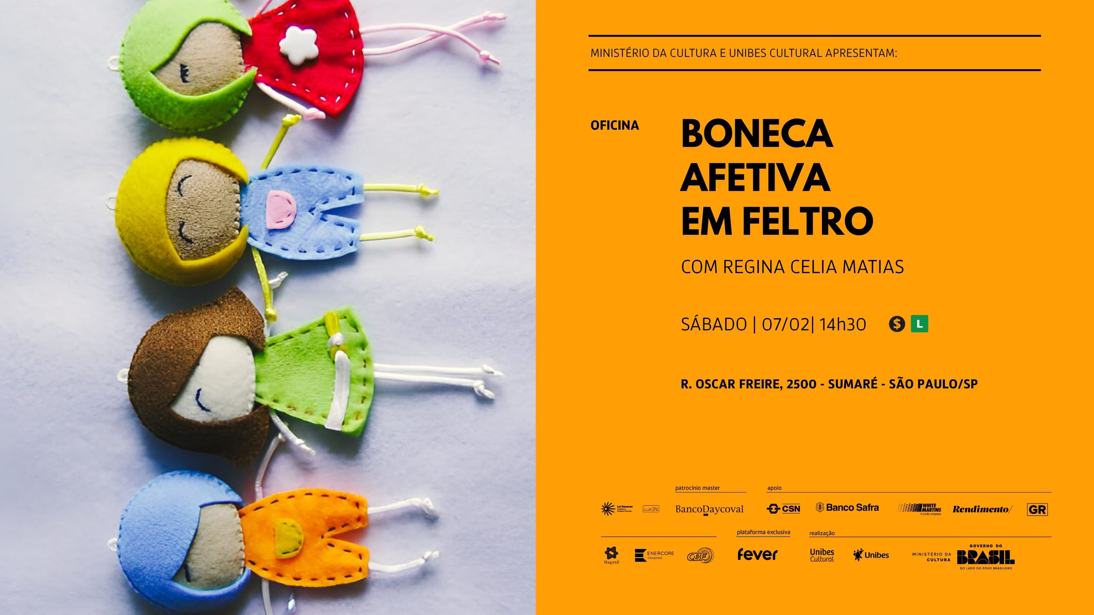 Banner do evento Oficina Boneca Afetiva em Feltro com Regina Celia Martins