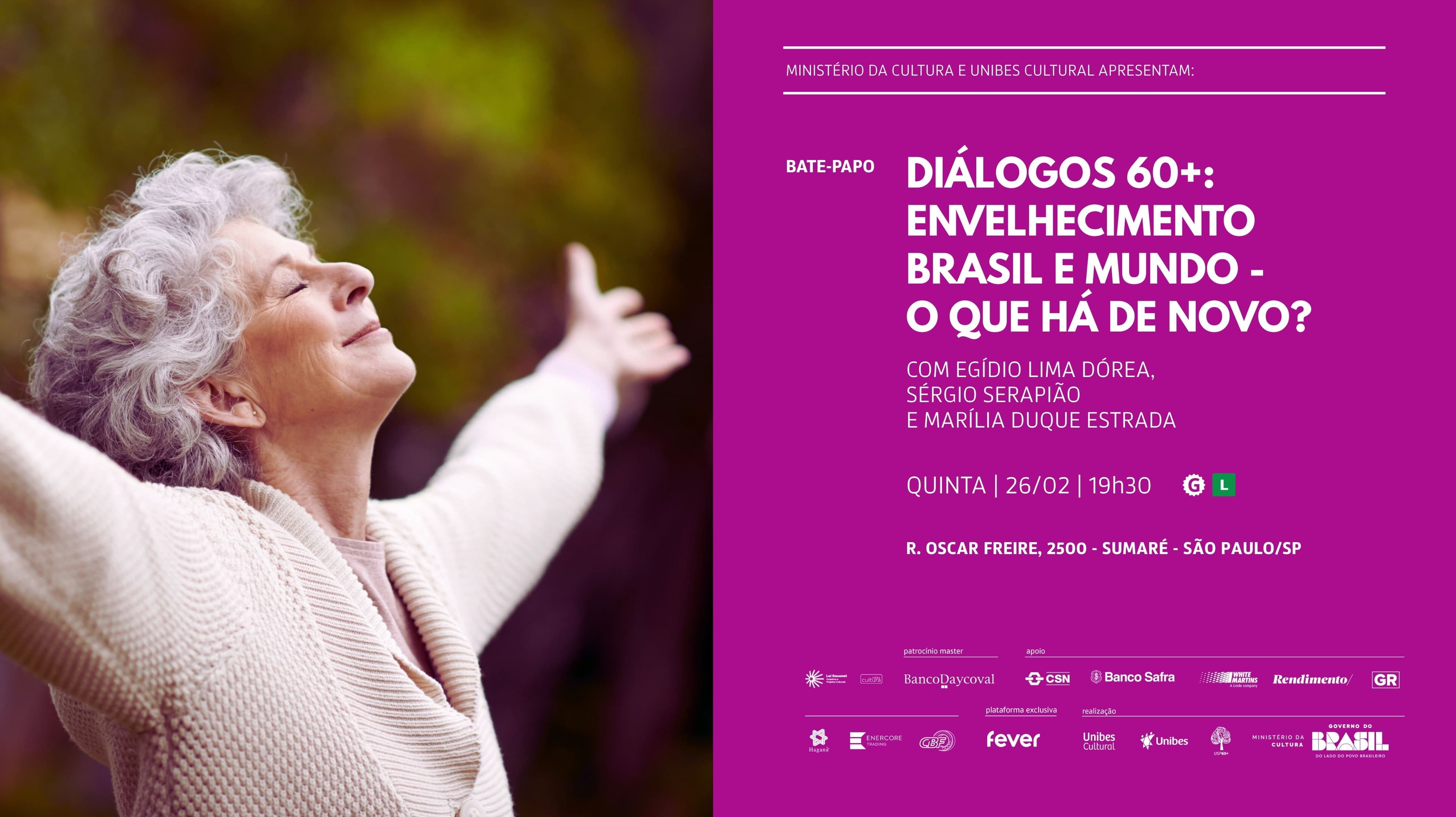 Banner do evento Diálogos 60+ - Envelhecimento no Brasil e no Mundo: O que há de novo?