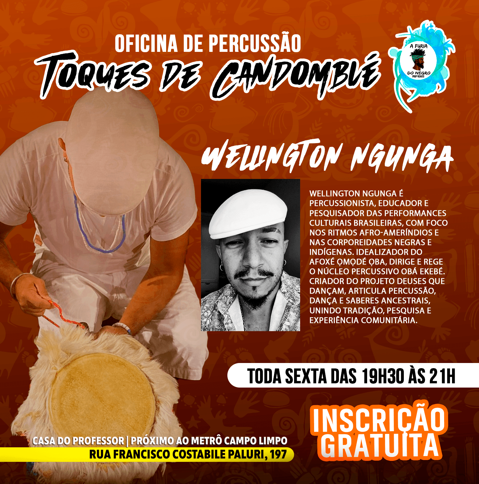 Banner do evento Oficina de Percussão - Toques do Candomblé